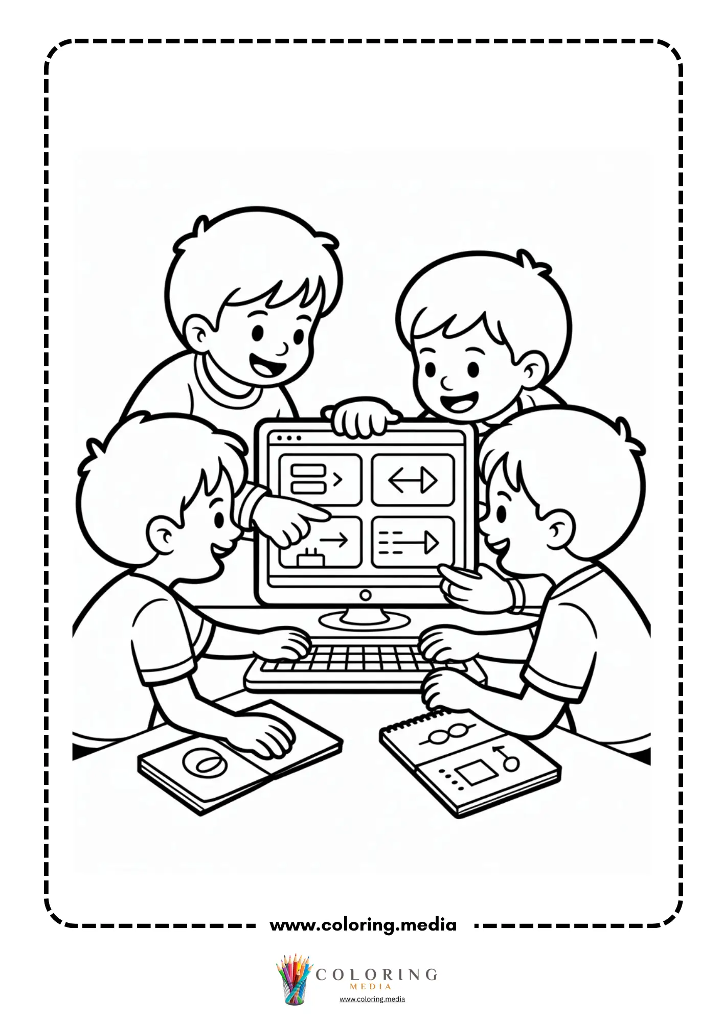 Coding coloring page with children planning code on a desktop computer