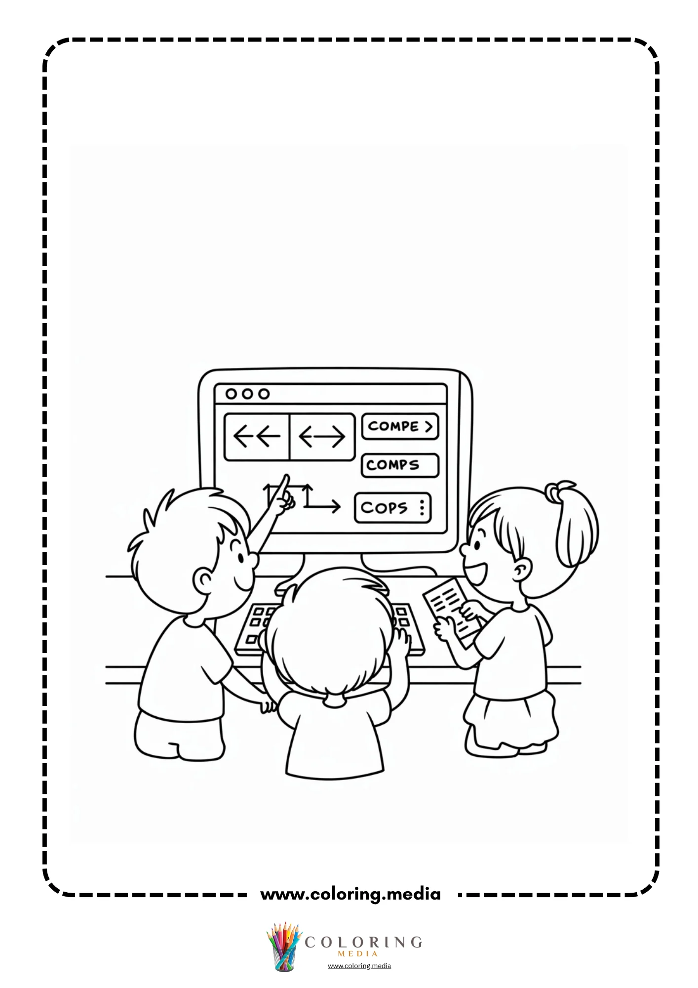 Coding coloring page with coding symbols and computer screen