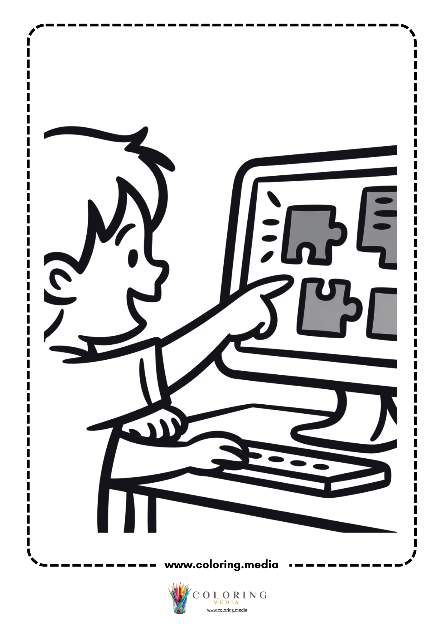 Coding coloring page with young programmer at a keyboard
