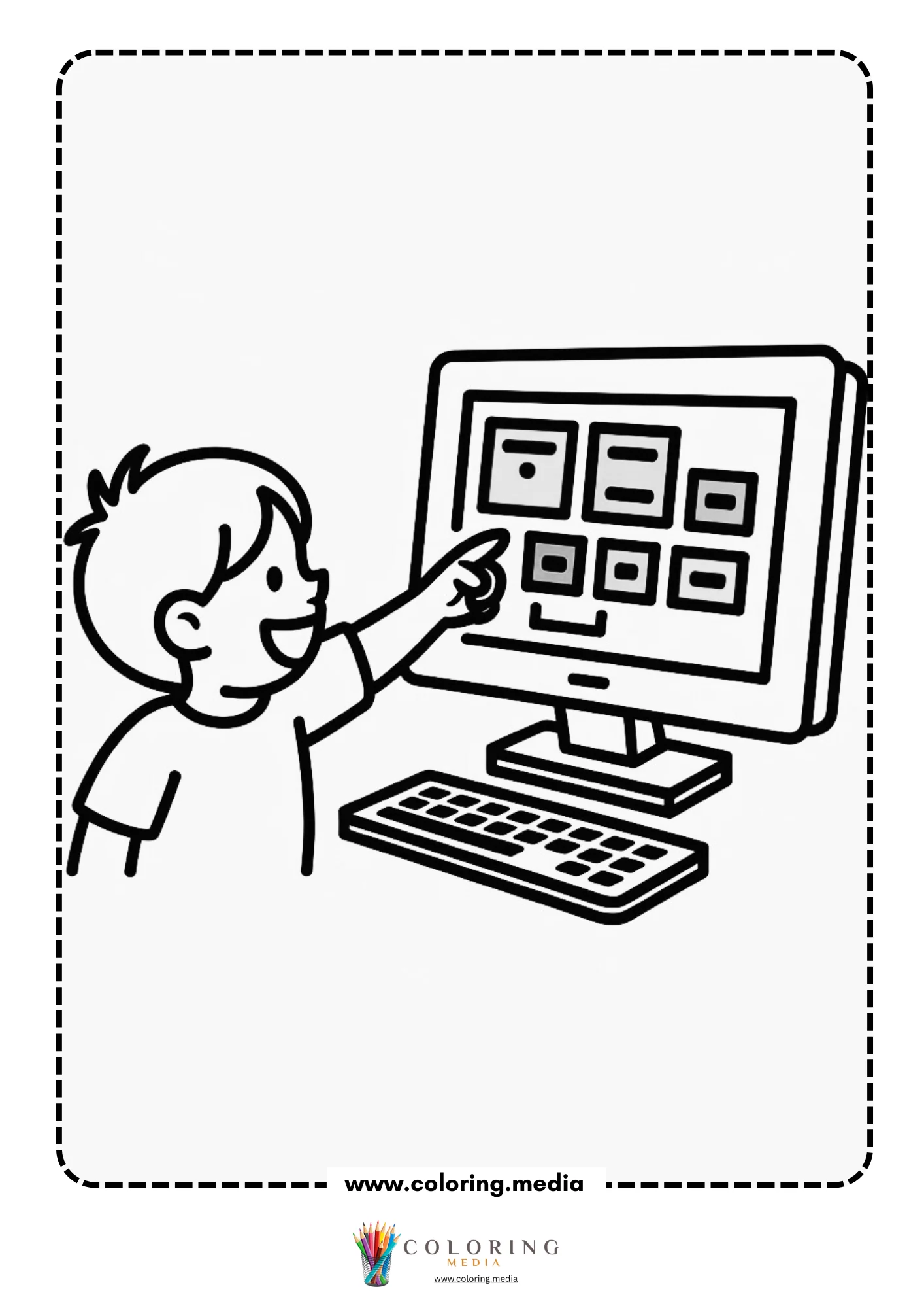 Coding coloring page with computer screen showing code blocks