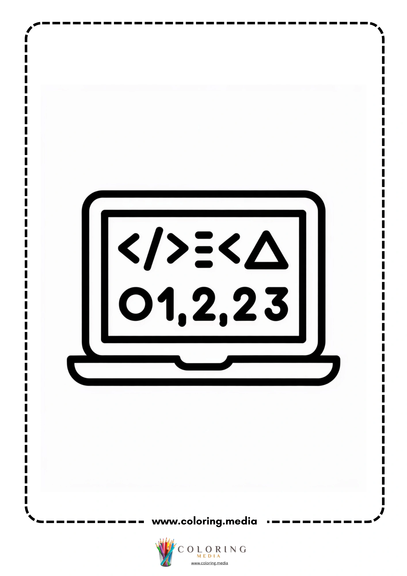 Coding coloring page with algorithm arrows on a monitor