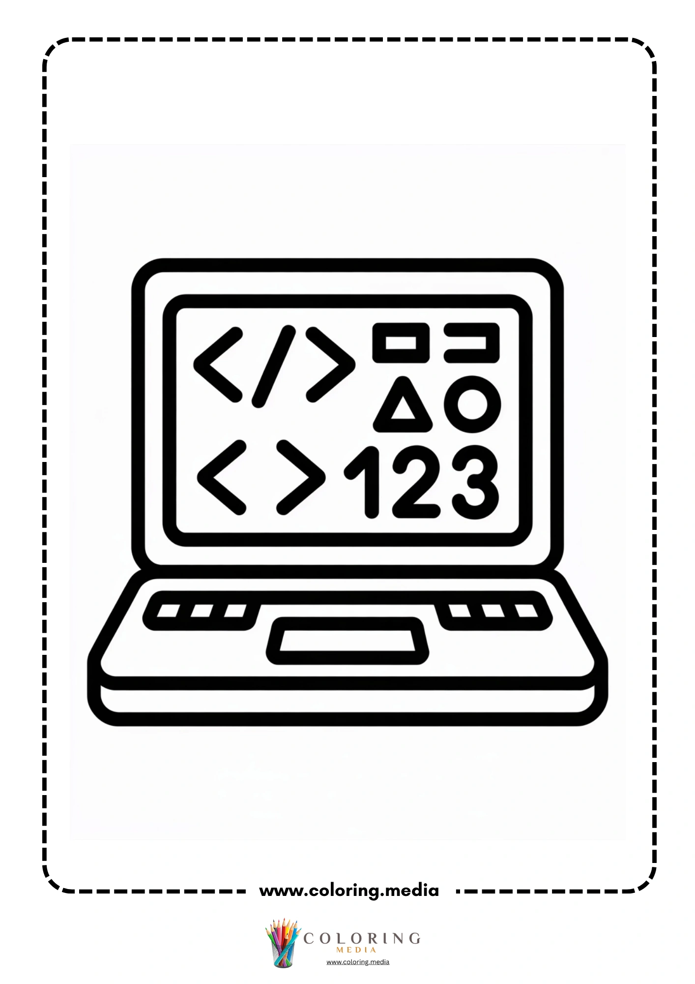 Coding coloring page with kids working around a computer