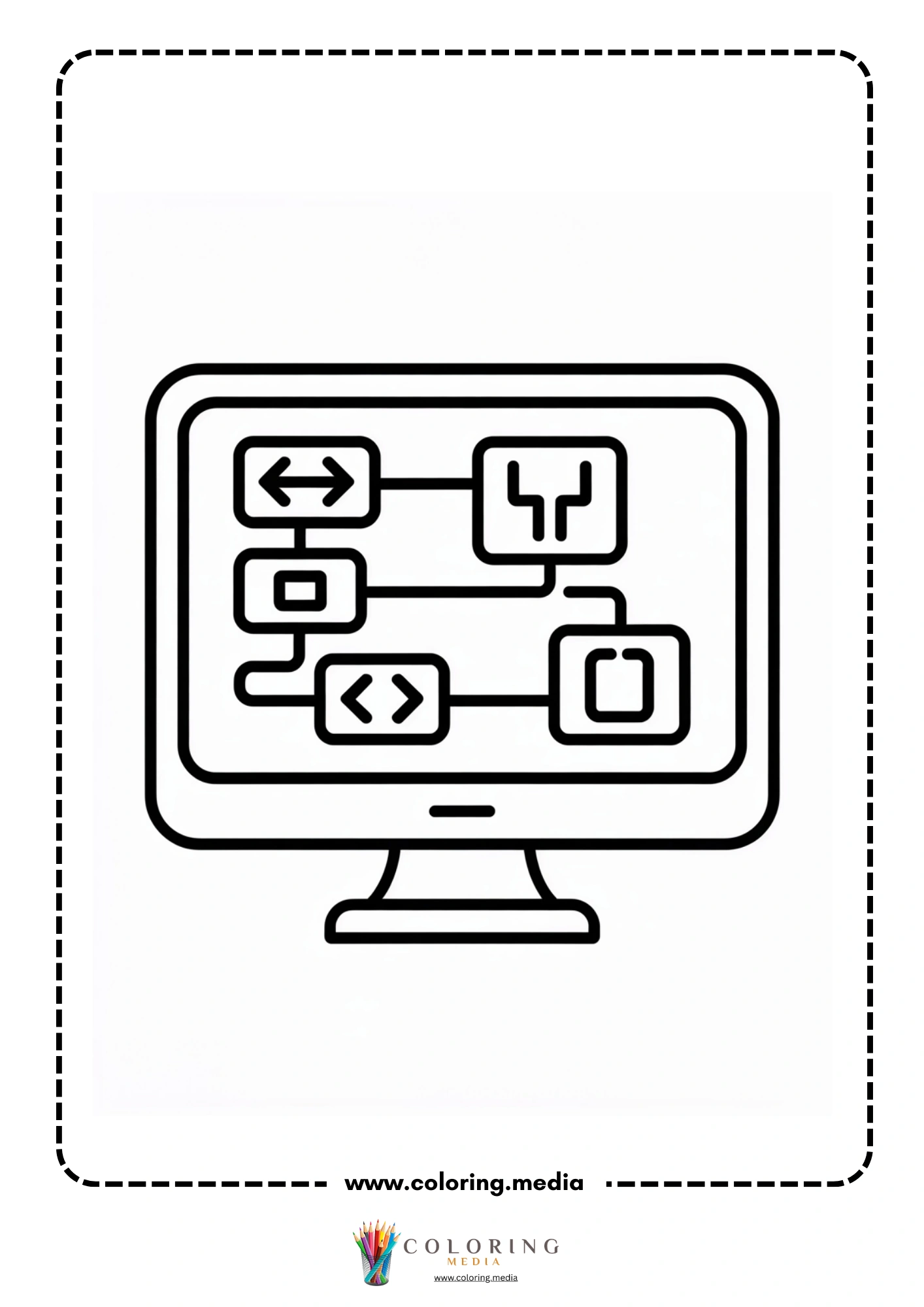 Coding coloring page with computer science notebooks and screen