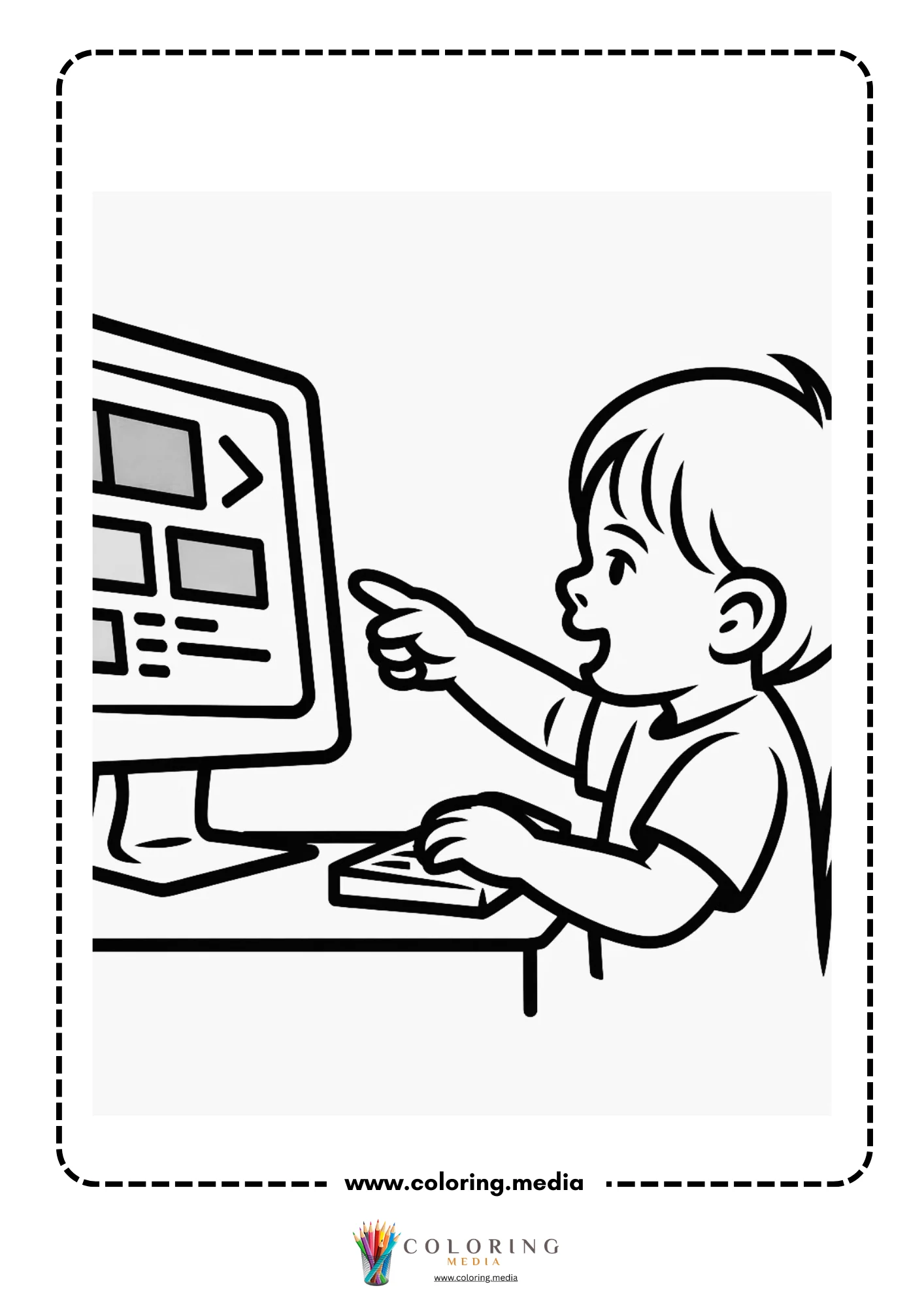 Coding coloring page with kid typing at a laptop