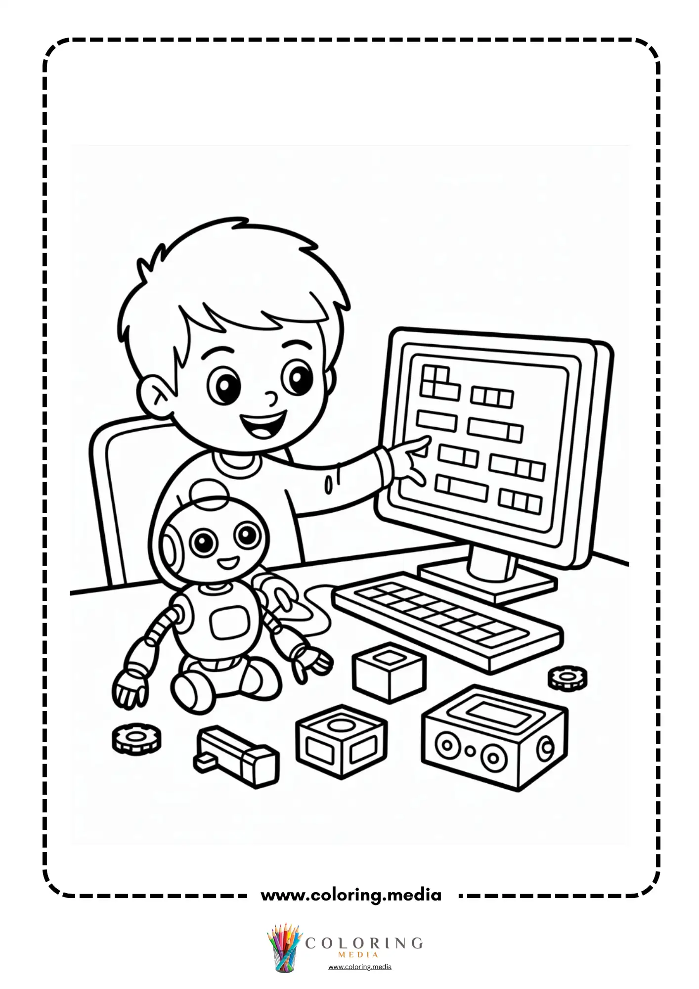 Coding coloring page with robot and programming symbols