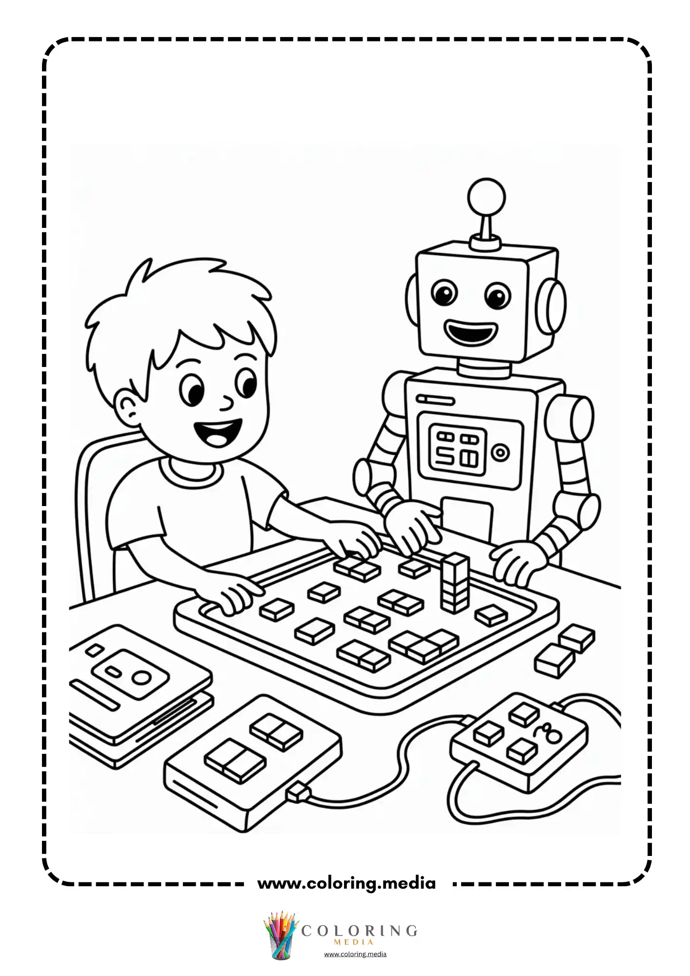 Coding coloring page with arrows and command blocks on screen