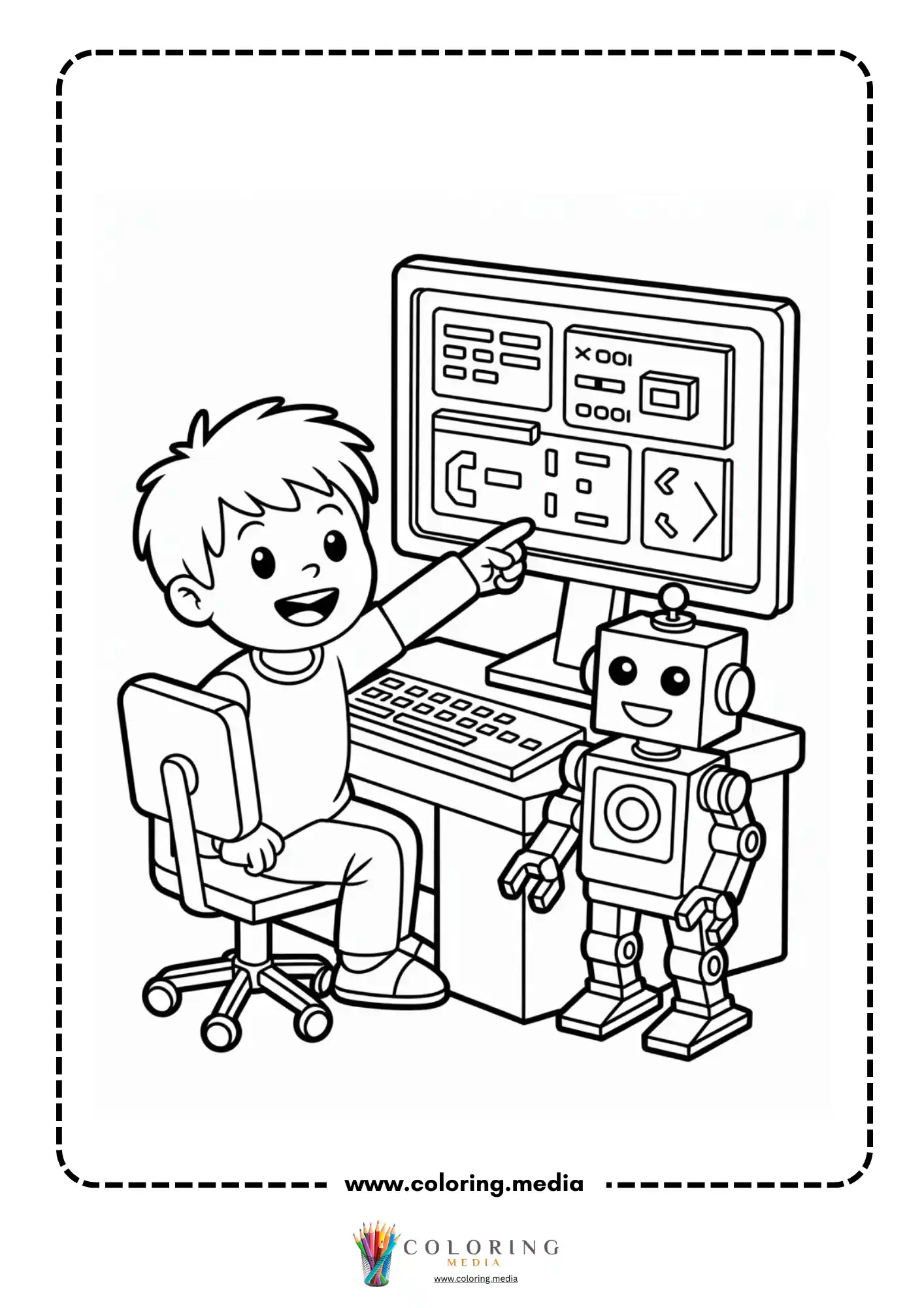 Coding coloring page with children learning computer programming