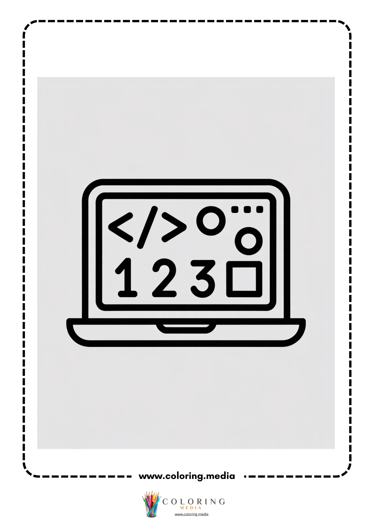 Coding coloring page with code window and keyboard