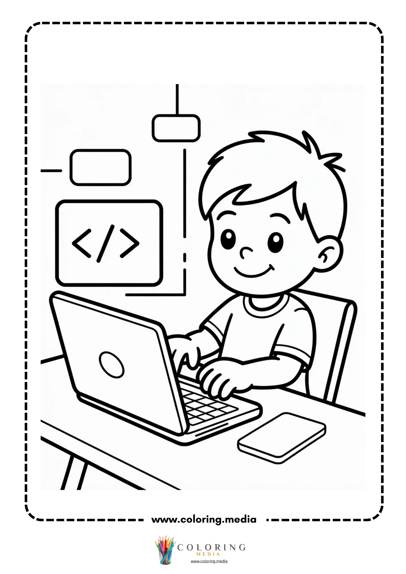Coding coloring page with child pointing at code instructions