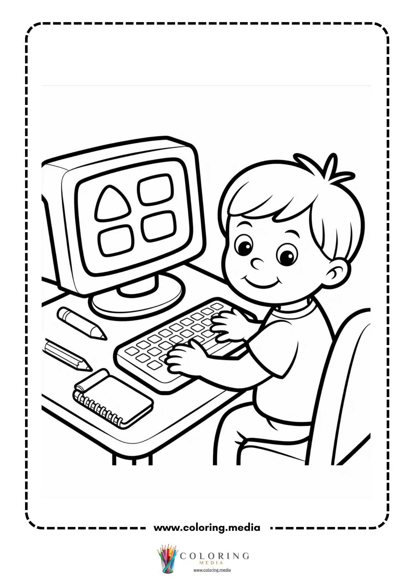Computer coloring page with child typing at a desktop computer