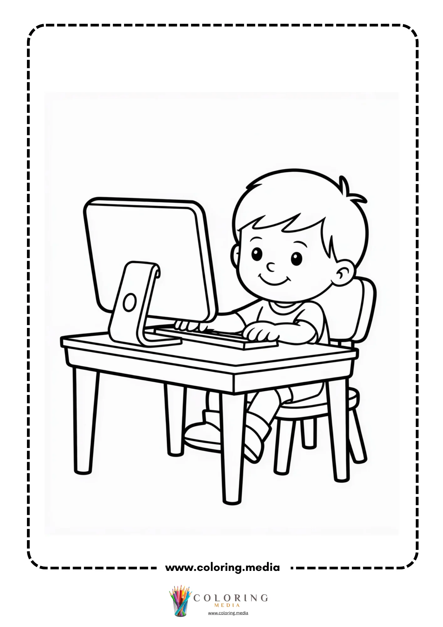 Computer coloring page with child sitting at a computer table