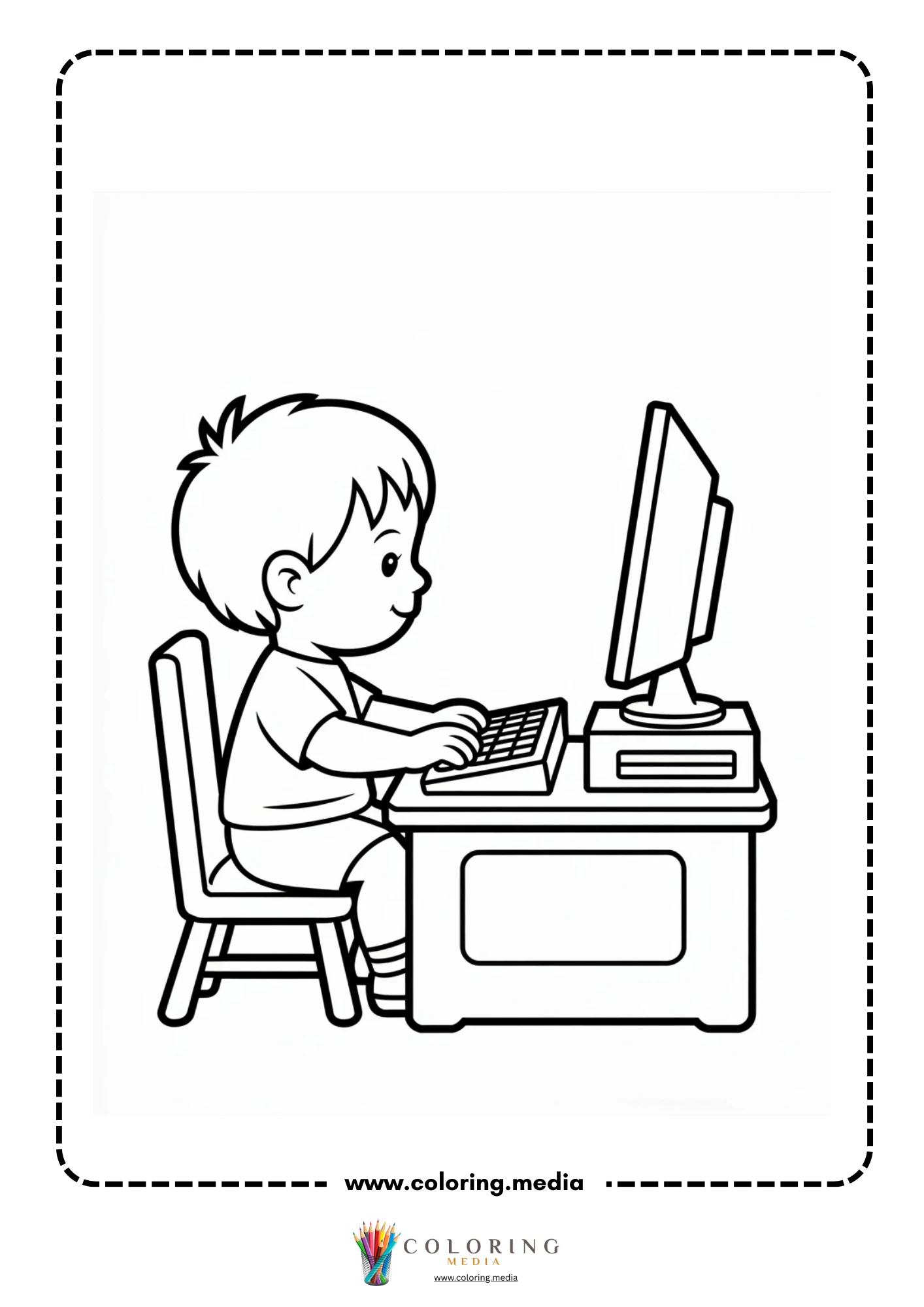 Computer coloring page with computer setup for kids