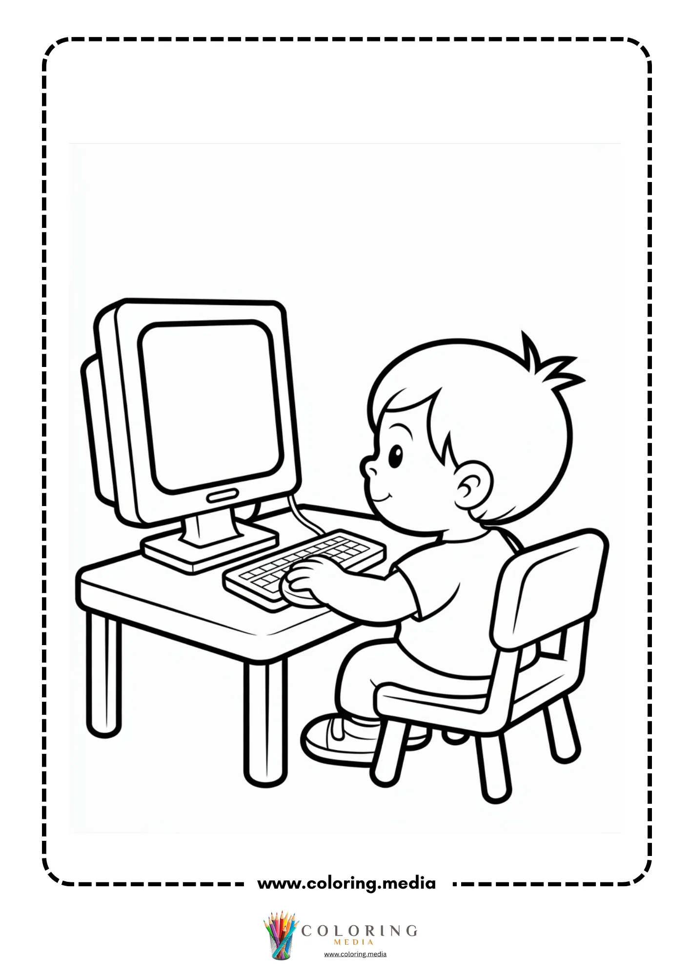 Computer coloring page with boy typing on keyboard