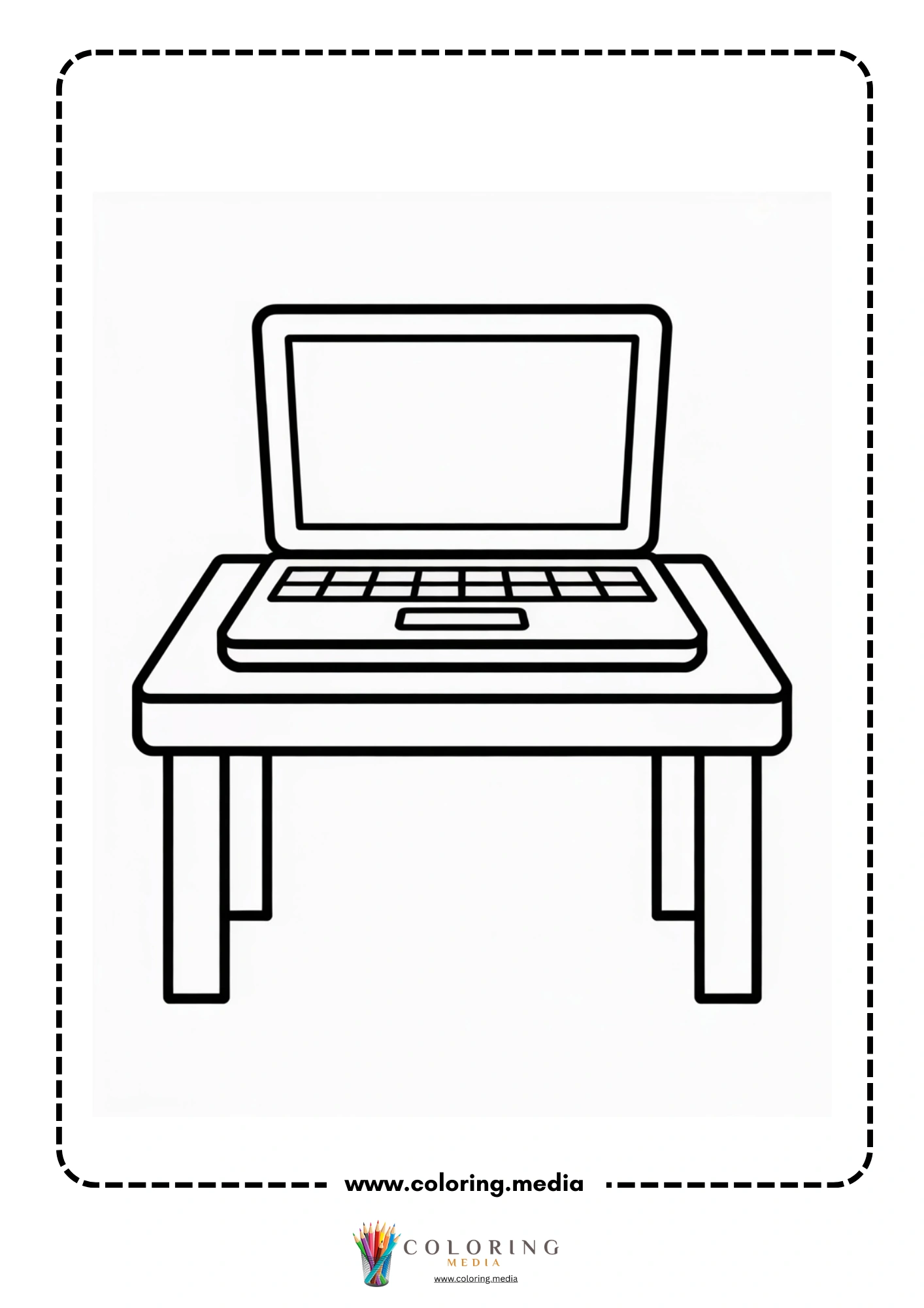 Computer coloring page with simple monitor and desk scene