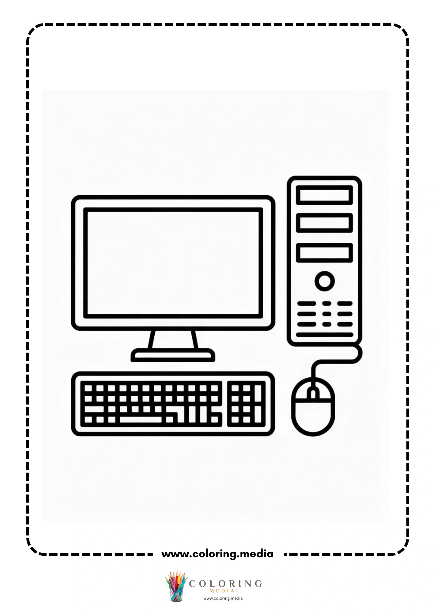 Computer coloring page with child smiling beside computer