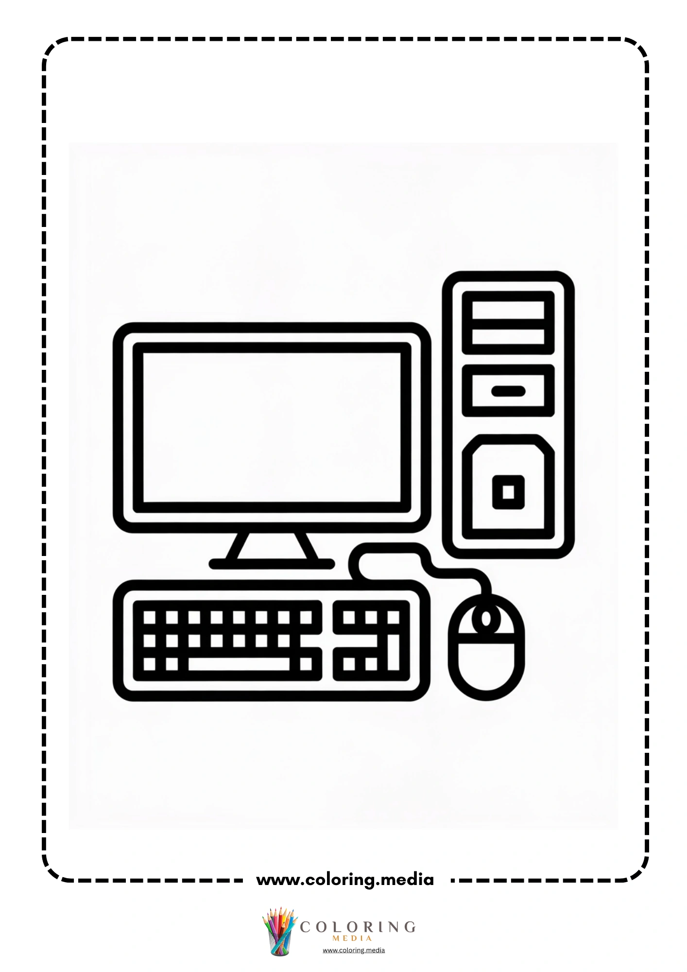 Computer coloring page with classroom computer activity