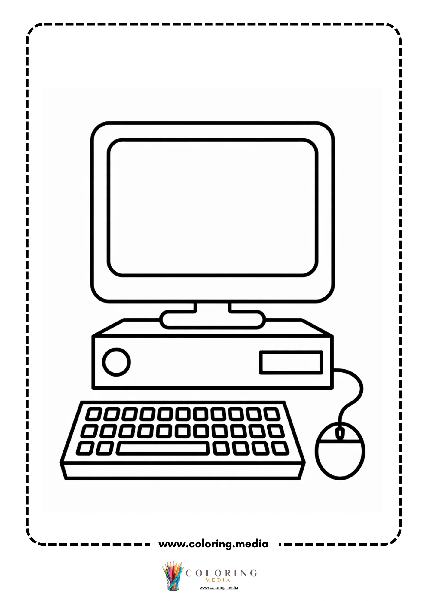 Computer coloring page with screen keyboard and notebook