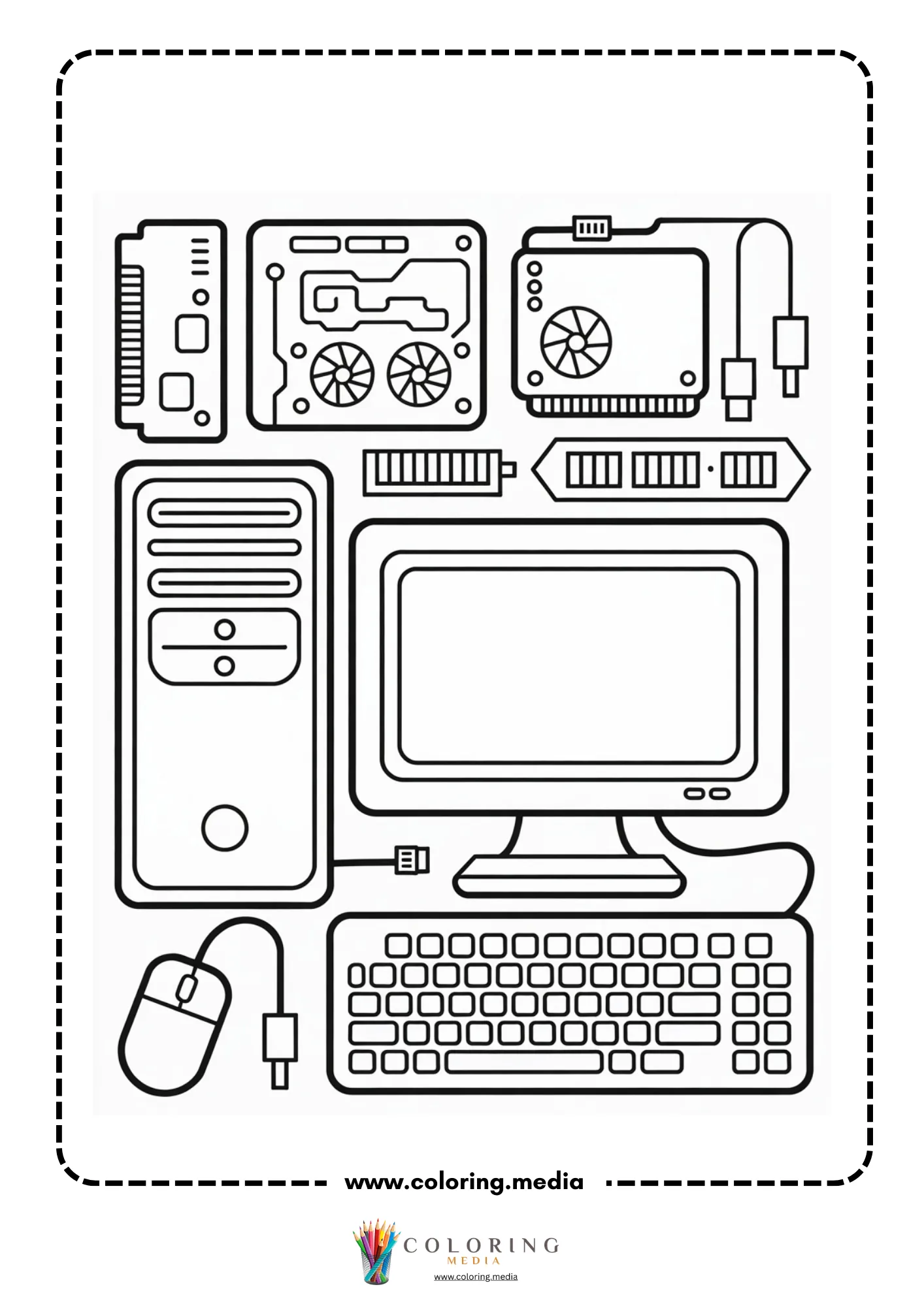 Computer coloring page with desktop monitor and cables