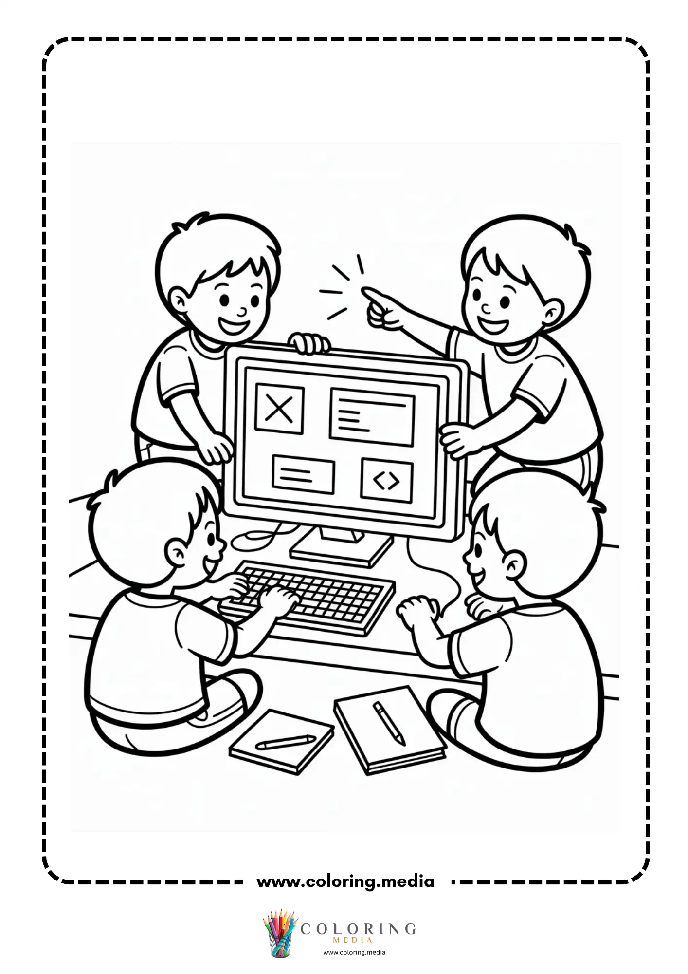 Computer coloring page with monitor keyboard and mouse