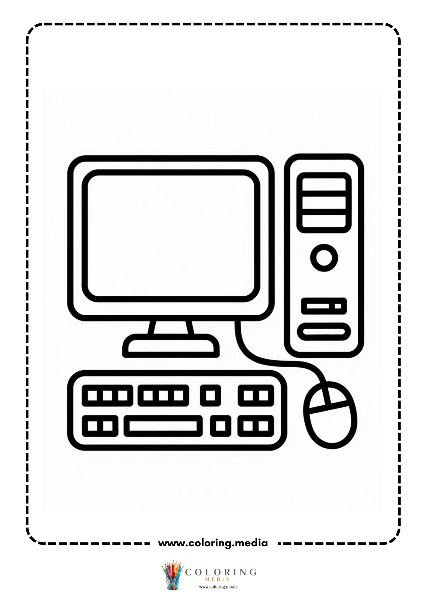 Computer coloring page with kid using a computer mouse