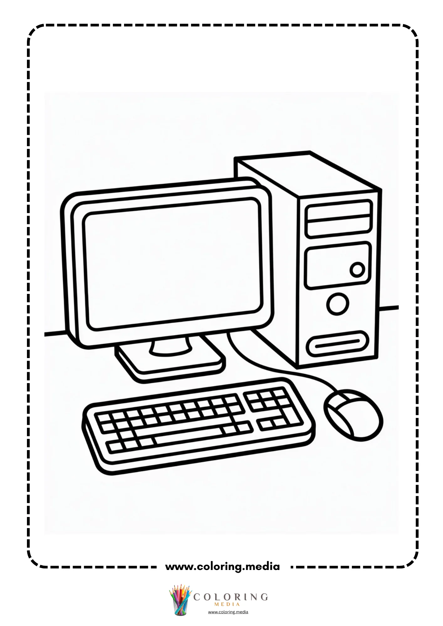 Computer coloring page with technology learning scene