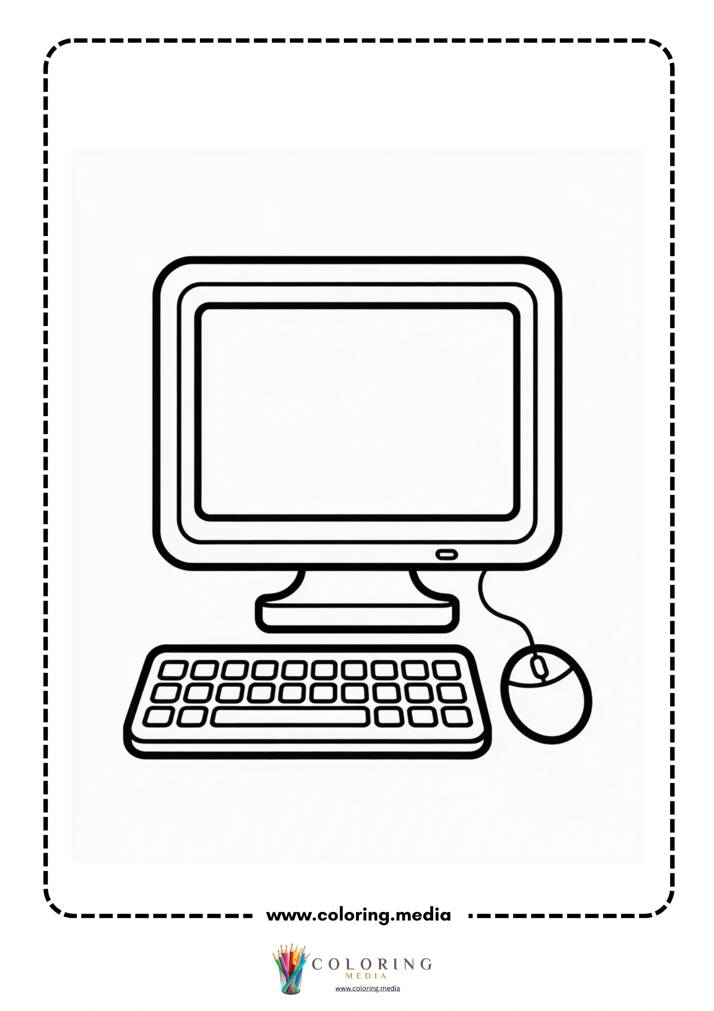 Computer coloring page with large monitor and small child