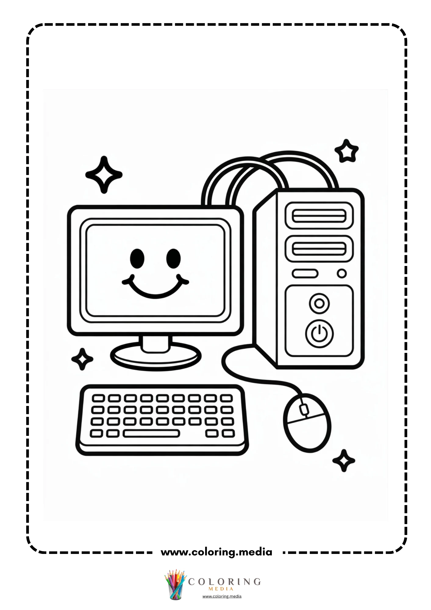 Computer coloring page with computer lab style setup