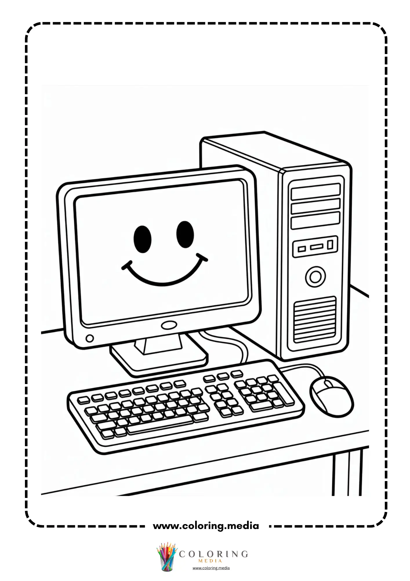 Computer coloring page with child working at desktop computer