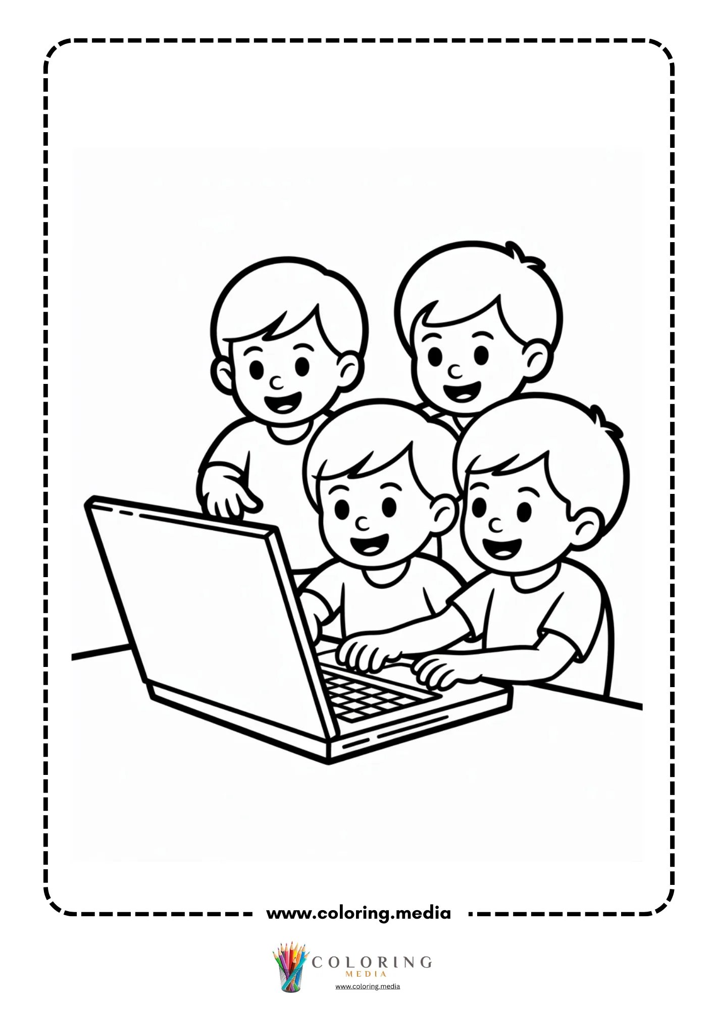 Computer coloring page with kid using a classroom computer