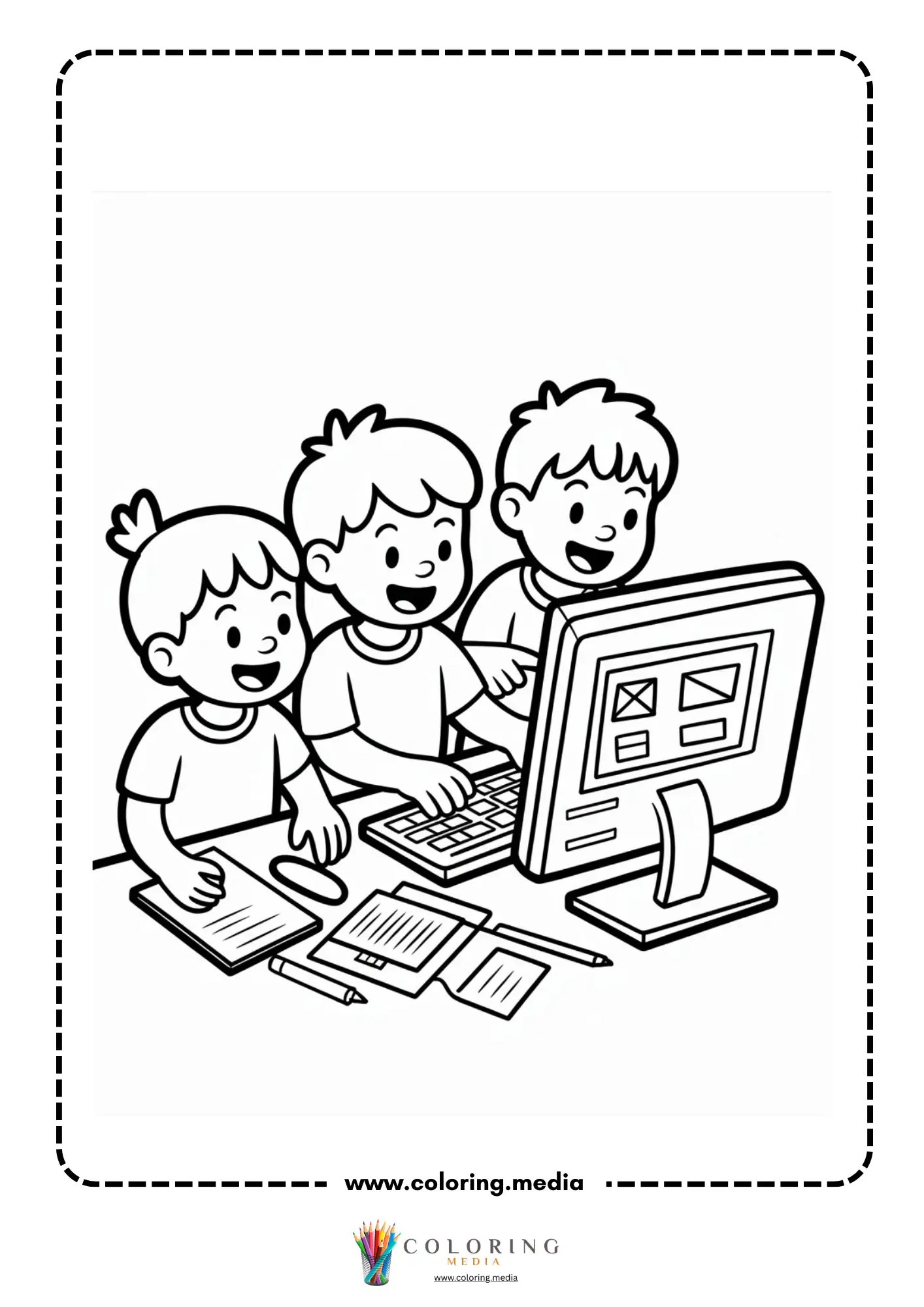 Computer coloring page with smiling child at a workstation