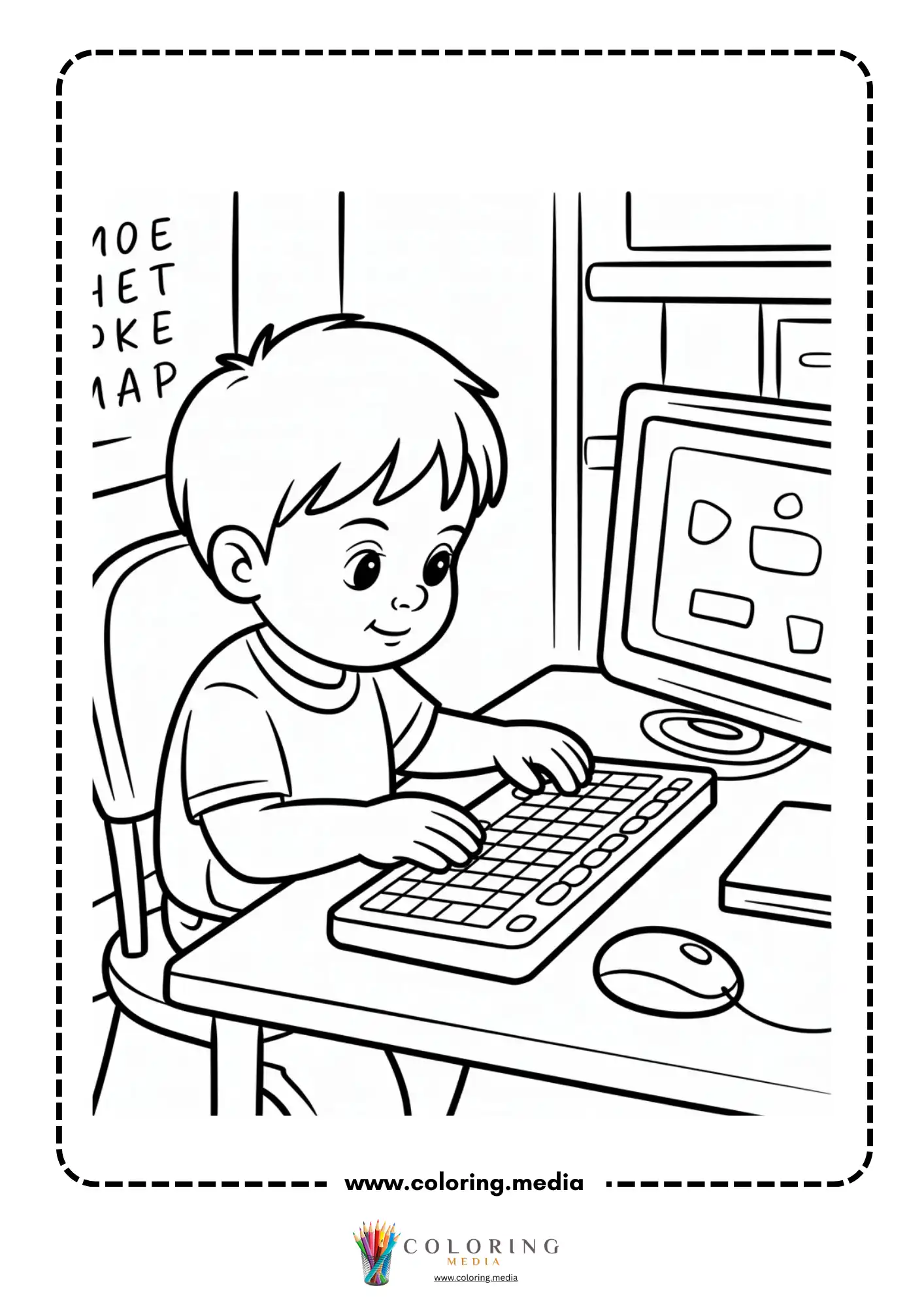 Computer coloring page with simple computer screen and keyboard