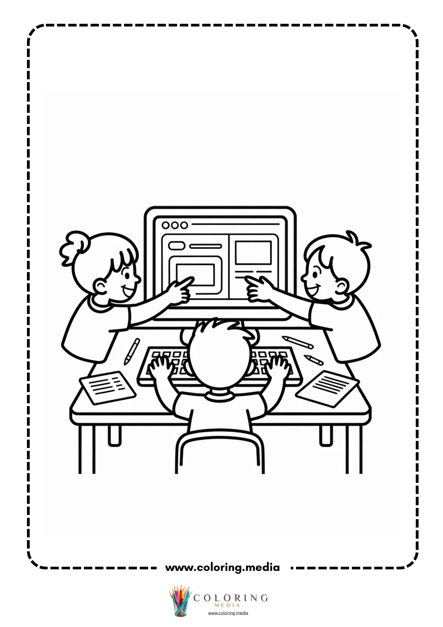 Computer coloring page with child learning on a desktop monitor