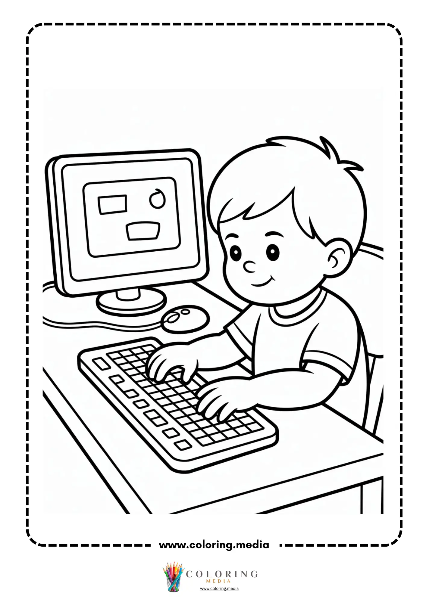 Computer coloring page with computer desk and school supplies
