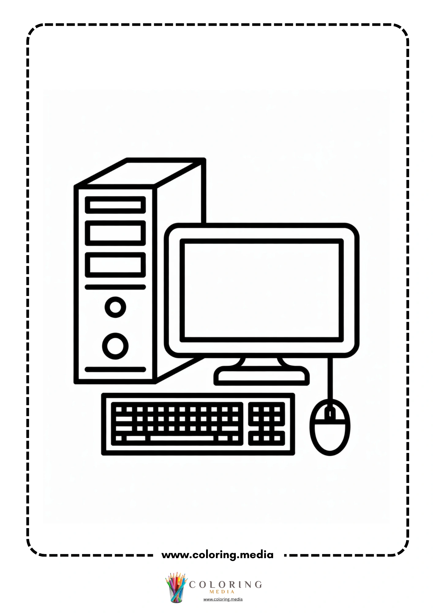 Computer coloring page with young student using technology