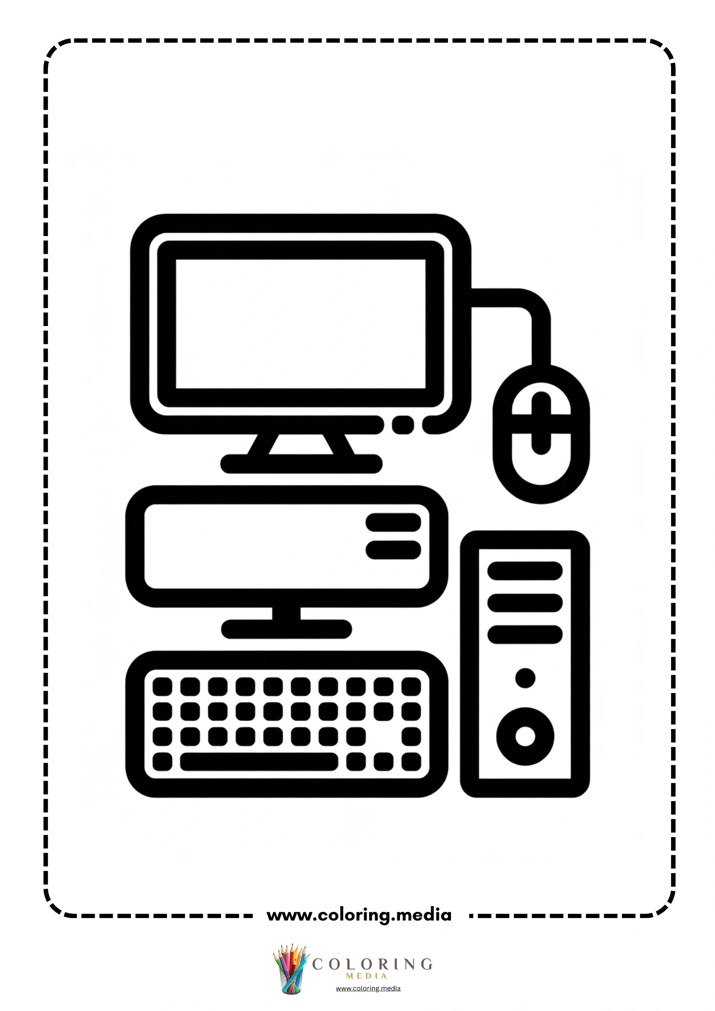 Computer coloring page with desktop computer and blank screen