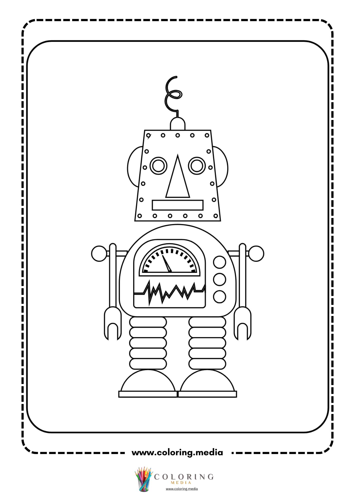 Cute robots coloring page with square headed robot and body gauge