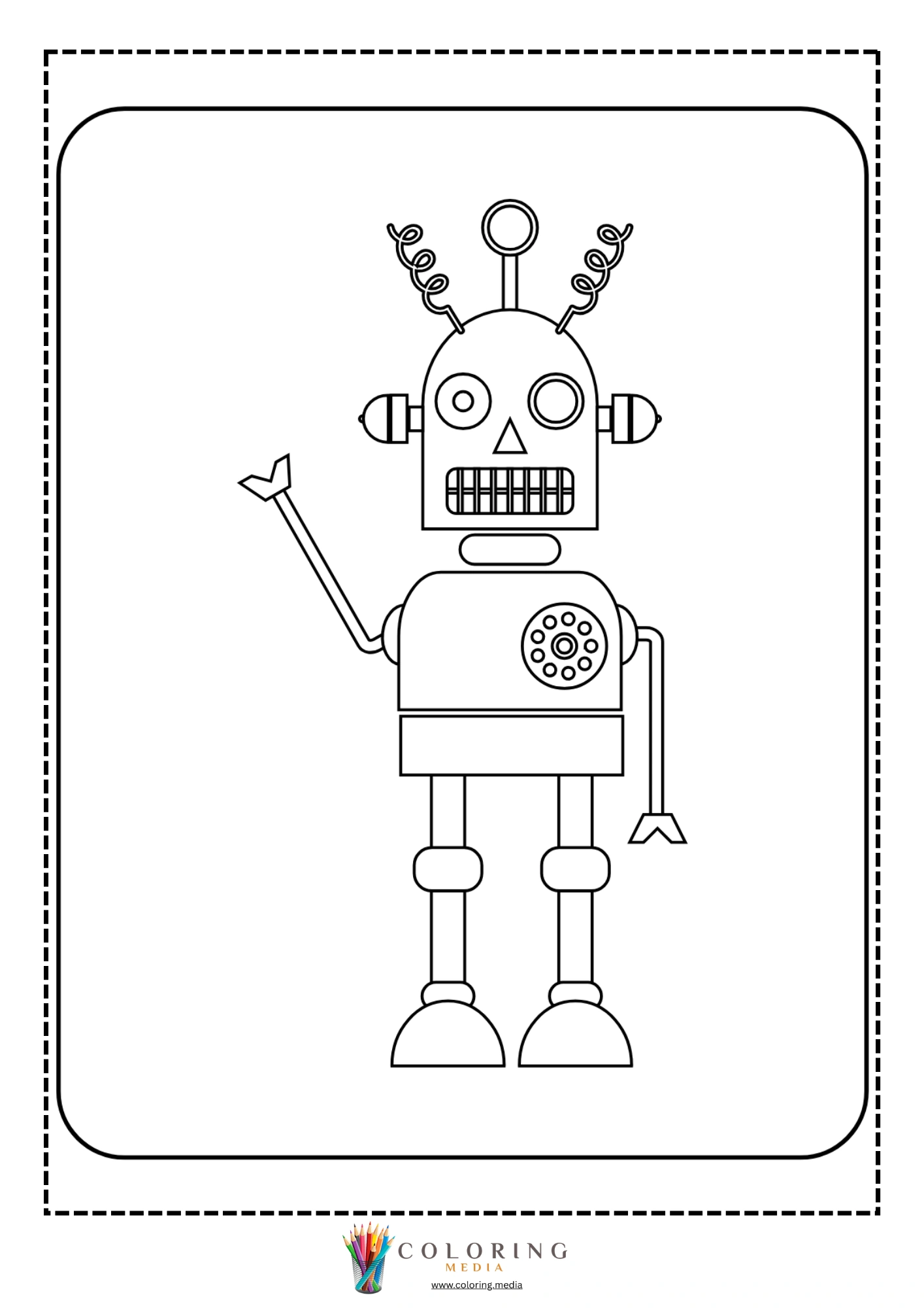 Cute robots coloring page with tall robot and wavy antennas