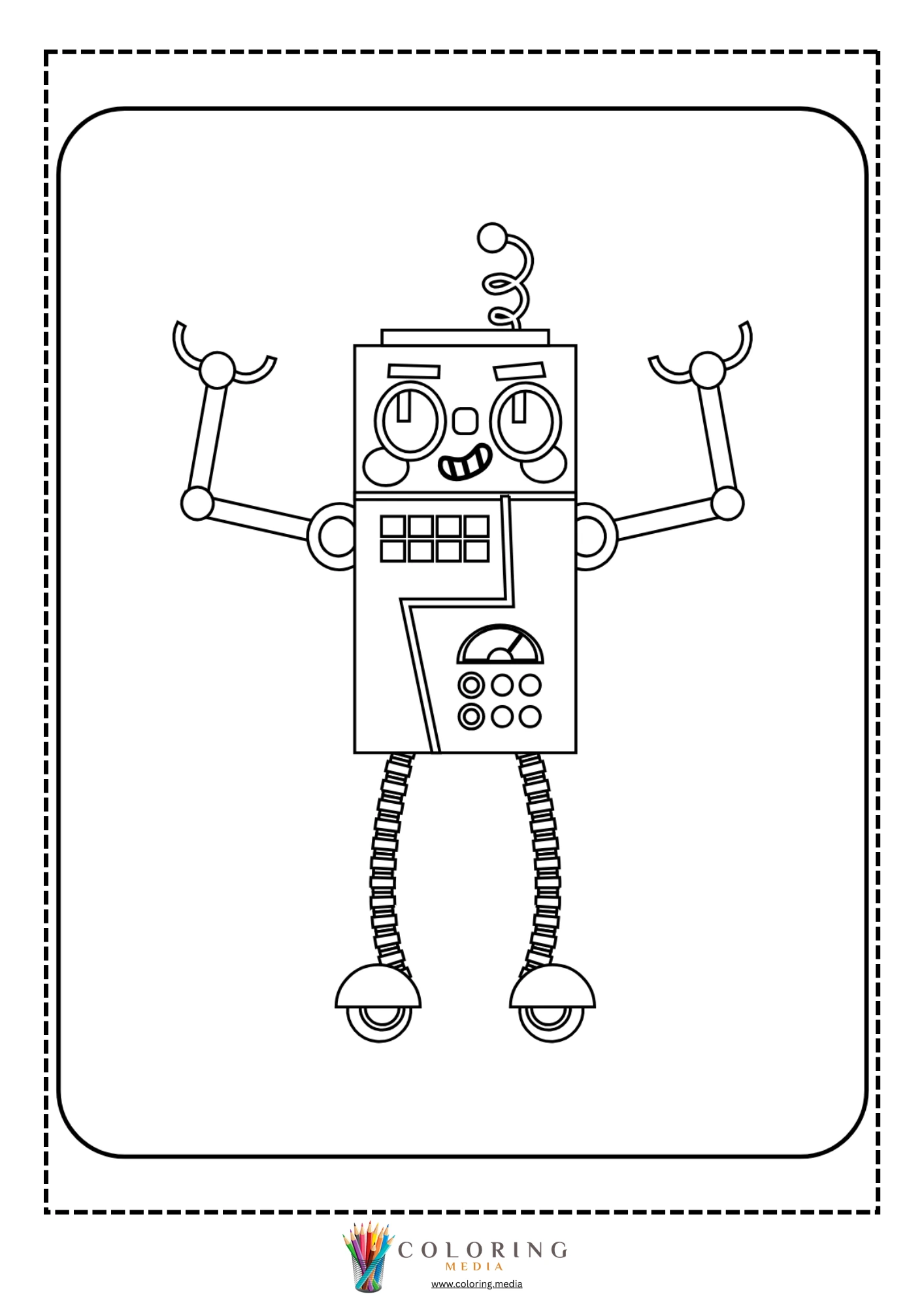 Cute robots coloring page with robot buttons and gauge screen