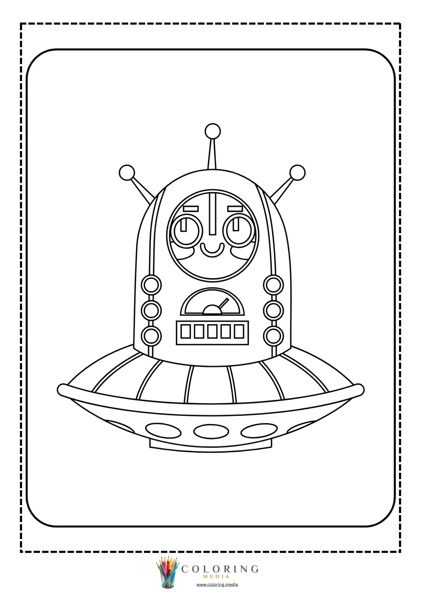 Cute robots coloring page with cheerful robot pose