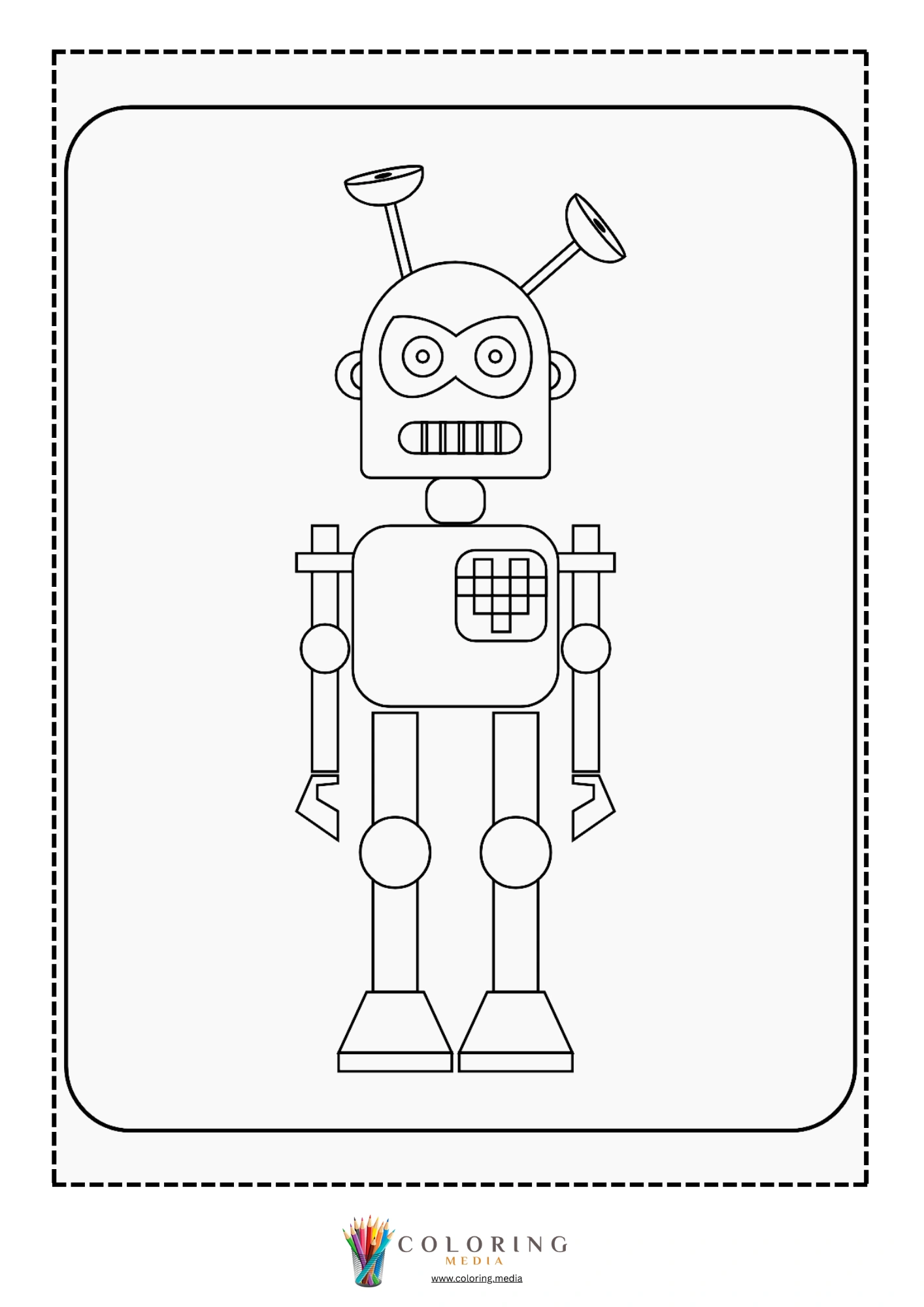 Cute robots coloring page with round eyes and claw hands