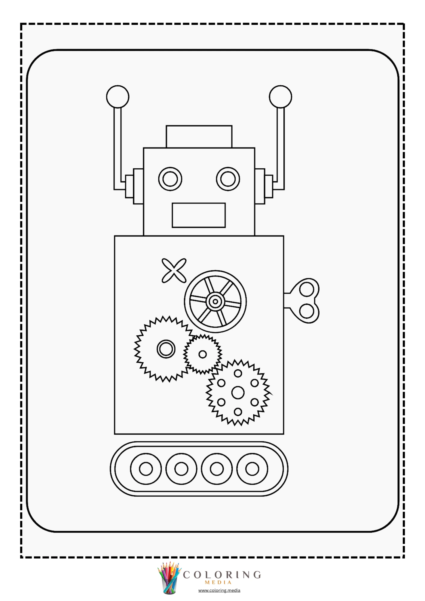 Cute robots coloring page with playful robot and chest panel