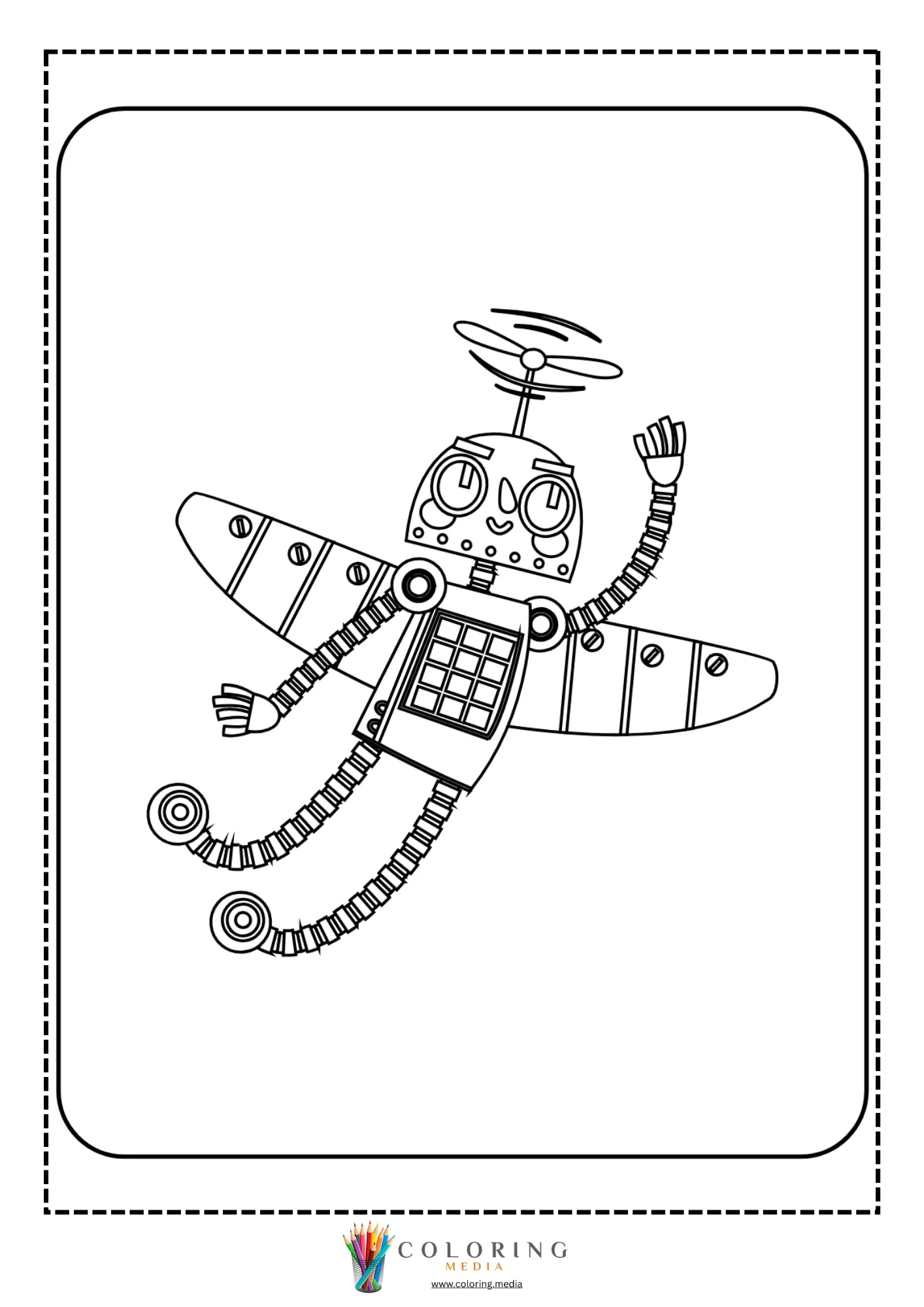 Cute robots coloring page with robot standing on big feet