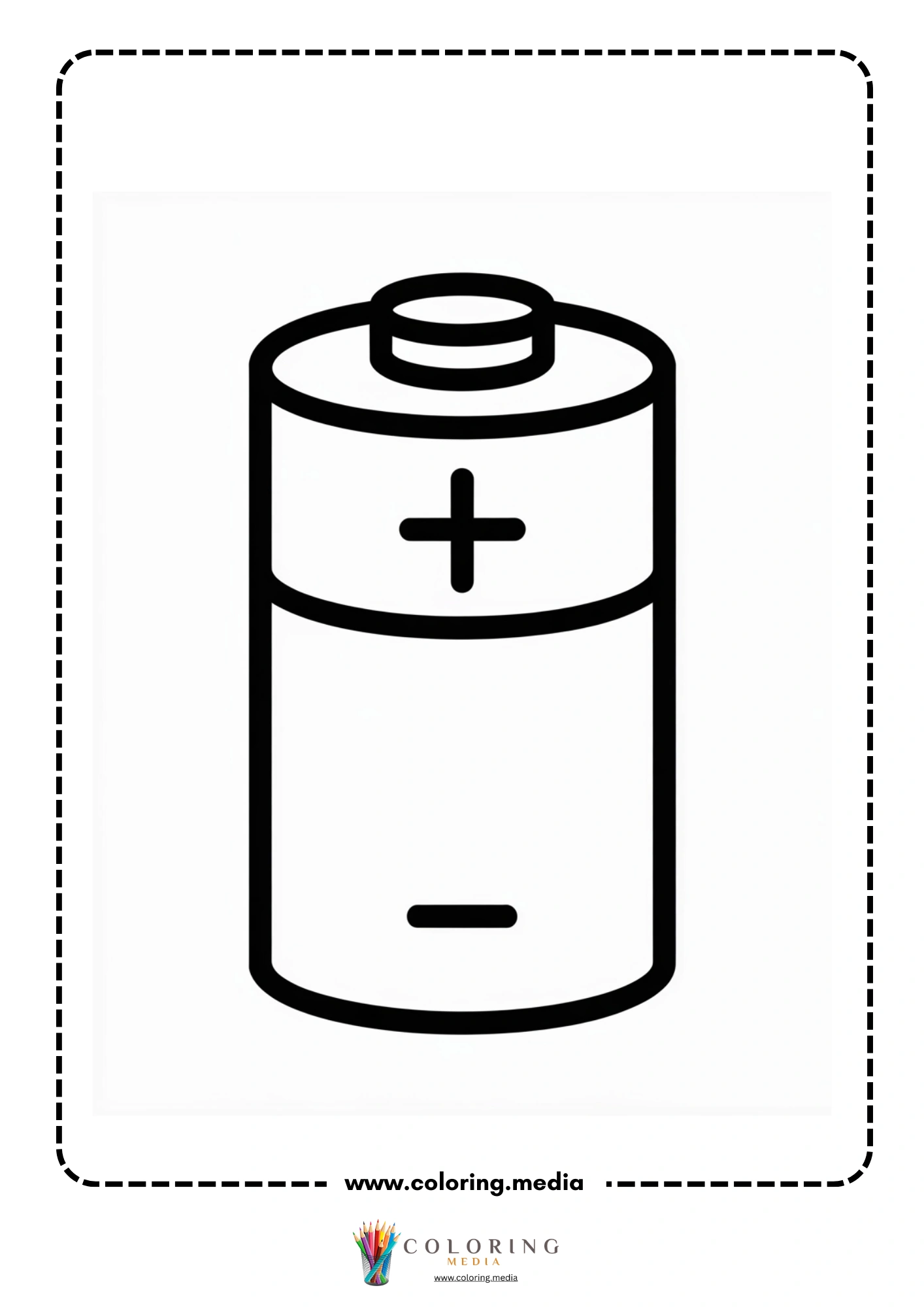 Electronic coloring page with large battery showing plus and minus symbols