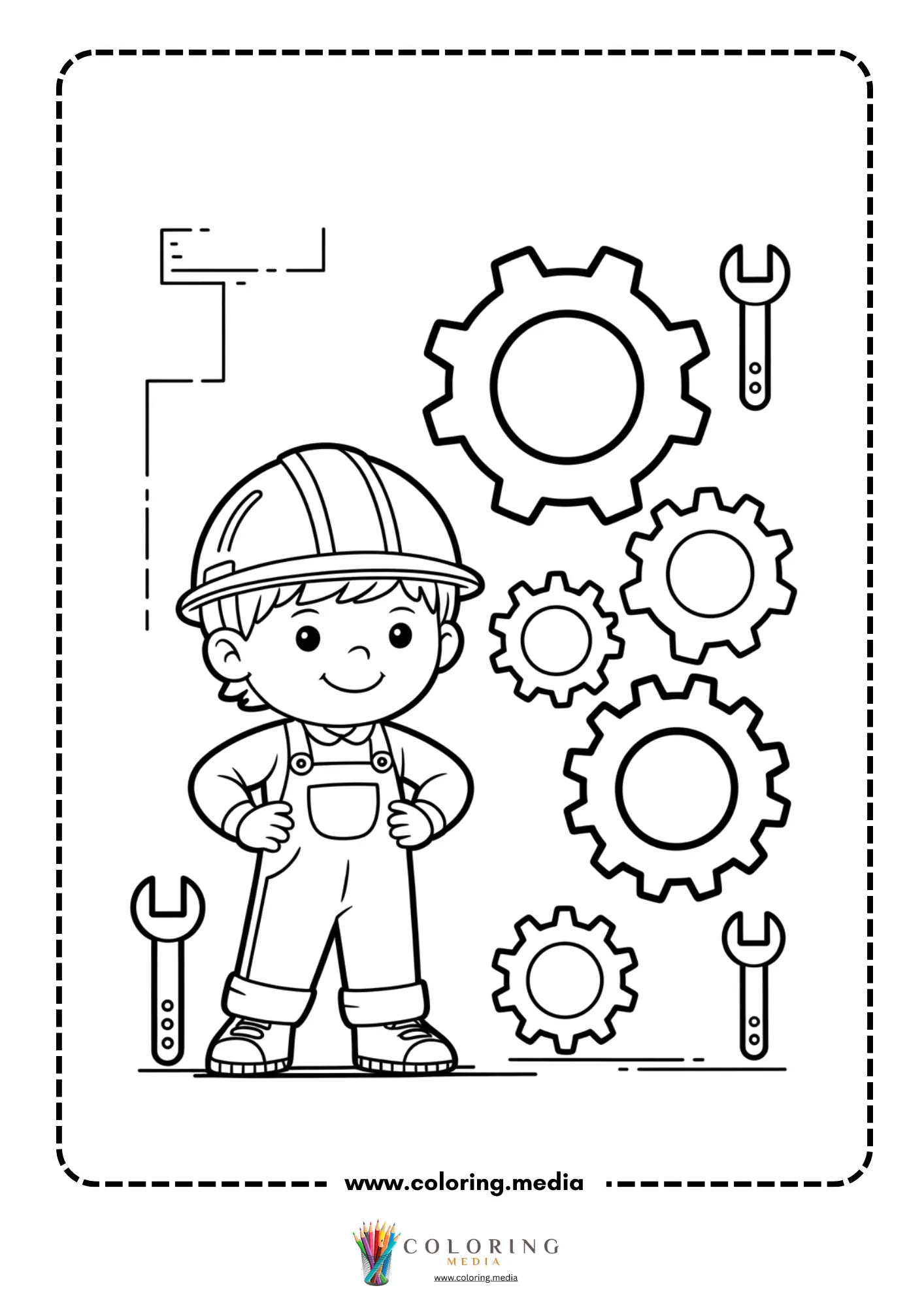 Gear coloring page with child mechanic standing beside gears and wrenches