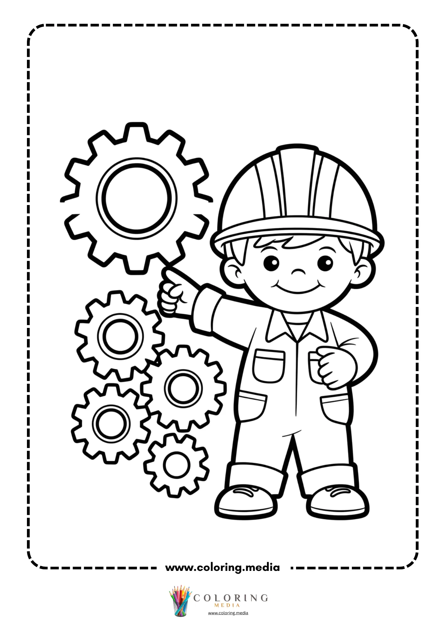 Gear coloring page with large cog and tool symbols