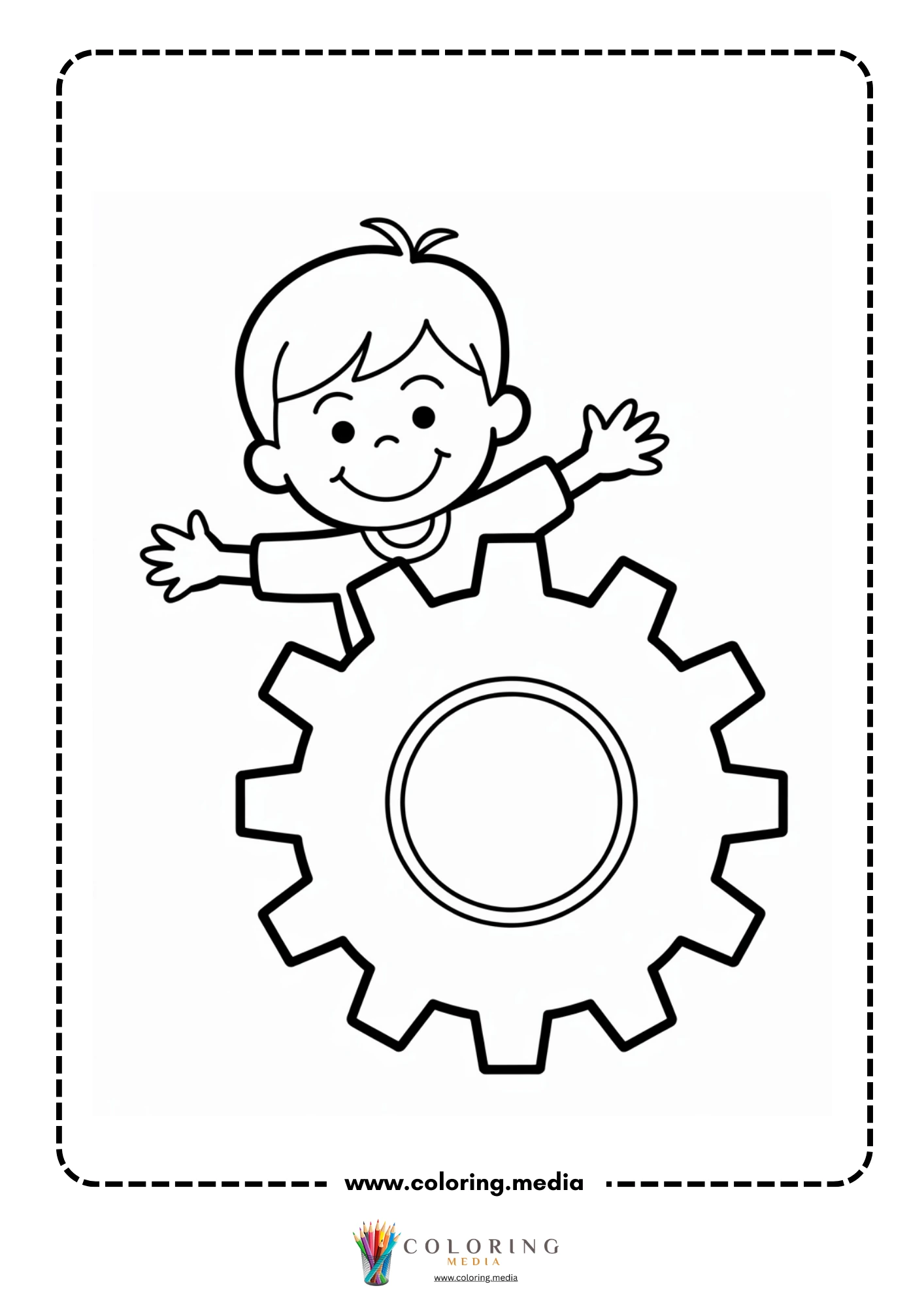 Gear coloring page with workshop tools and gears