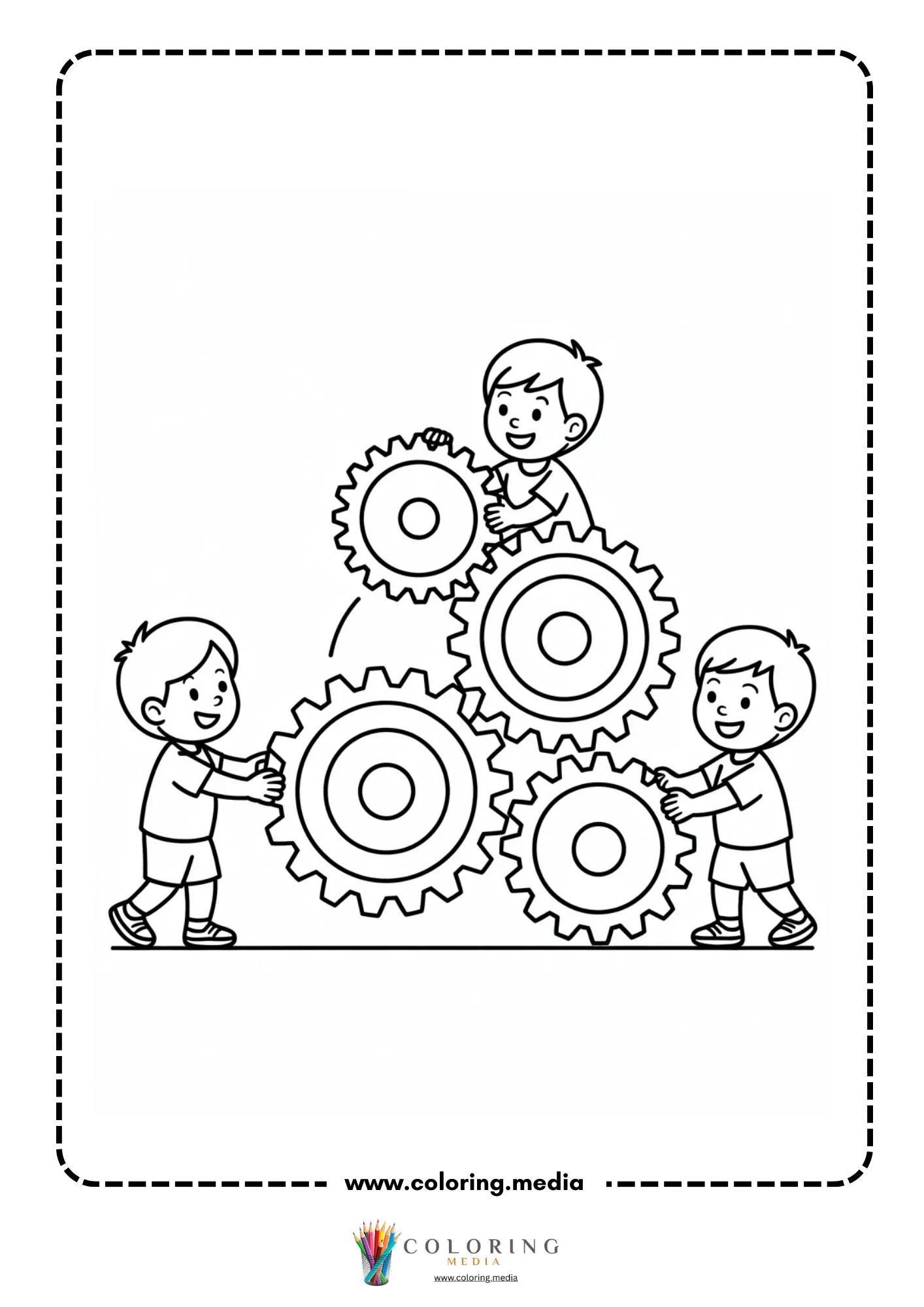 Gear coloring page with connected gears and bolts