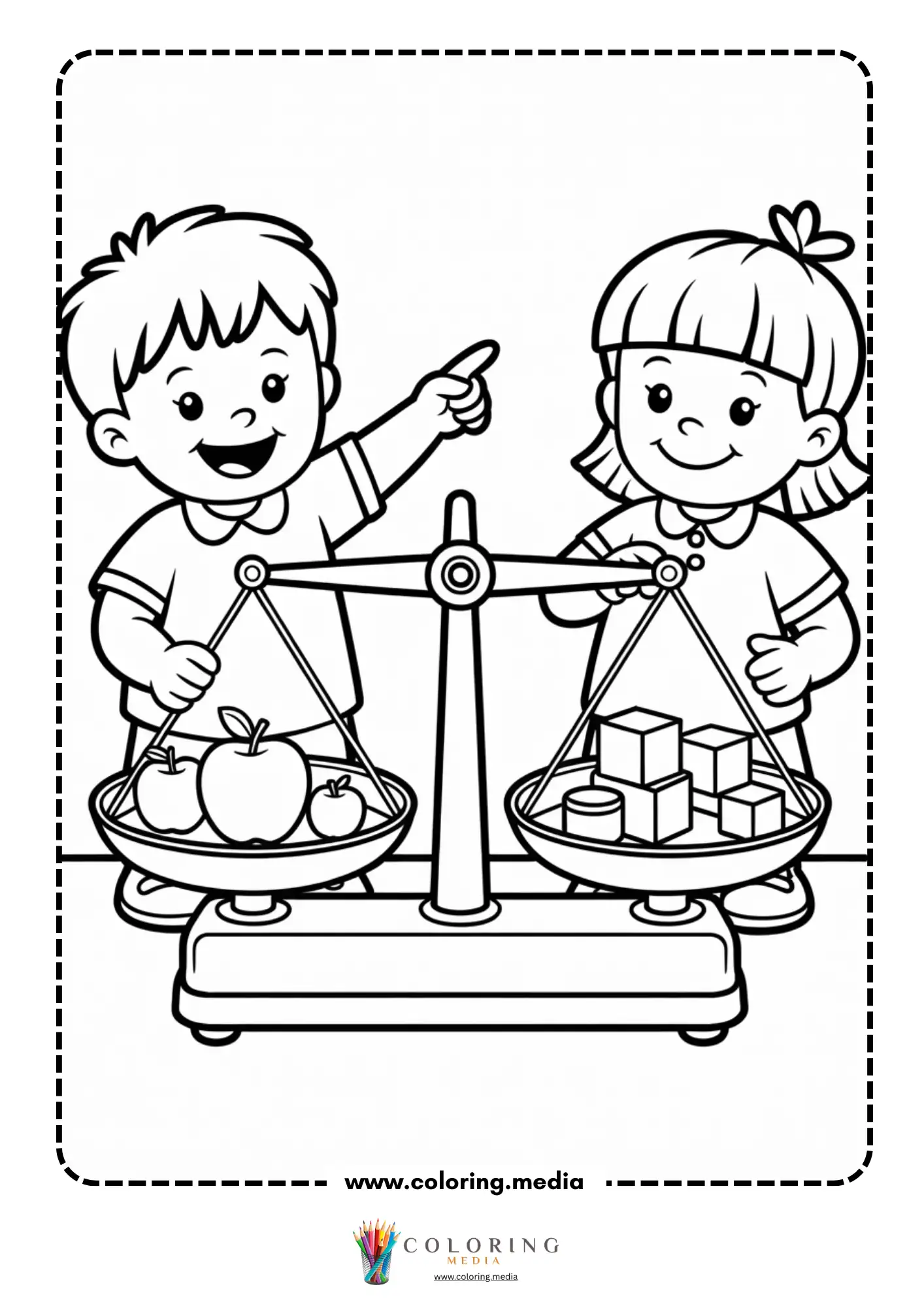 Measure tools coloring page with children using a balance scale