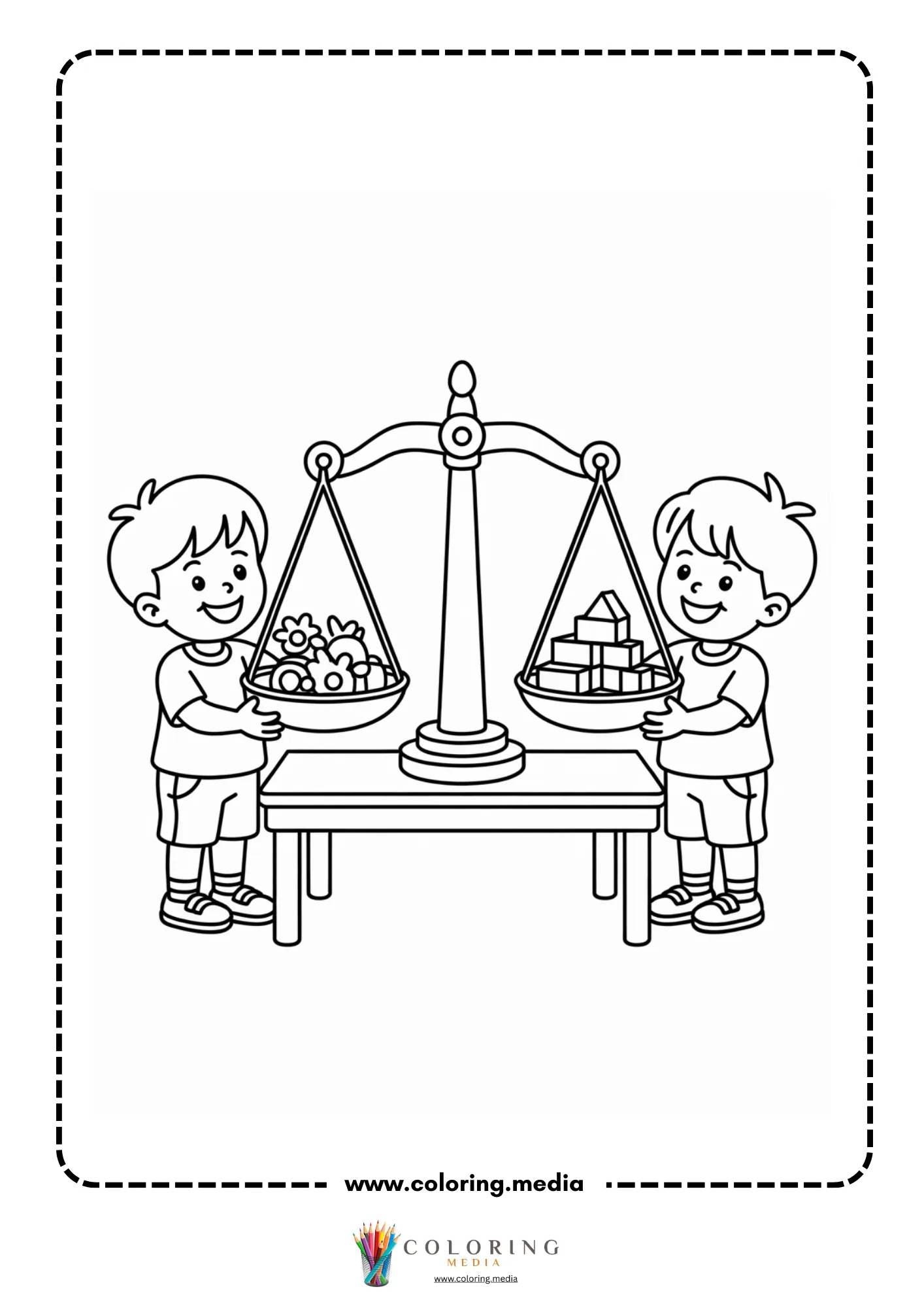 Measure tools coloring page with weighing scale and objects