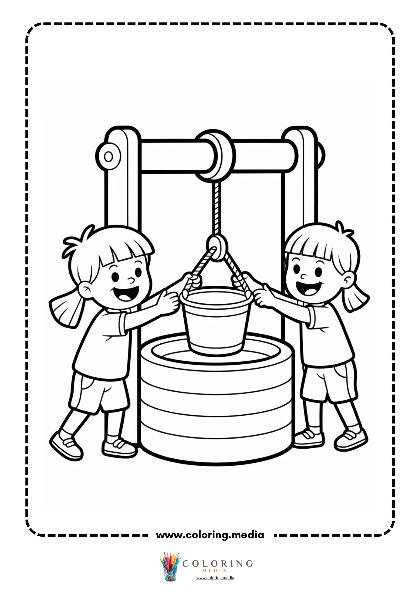 Pulley coloring page with two children lifting a bucket from a well